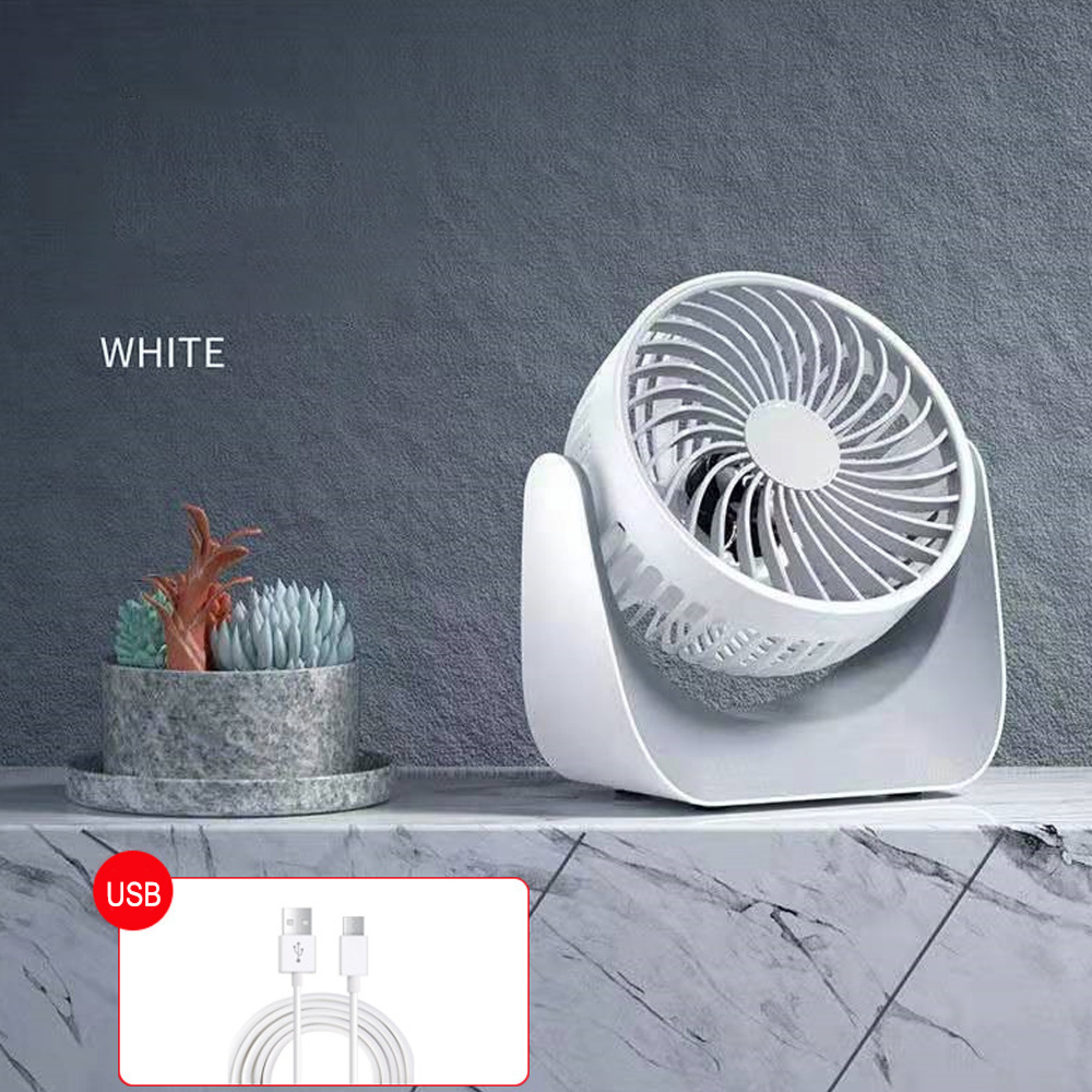 Ein weißer Ventilator steht neben einem Topf mit Sukkulenten. USB-Kabel unten.
