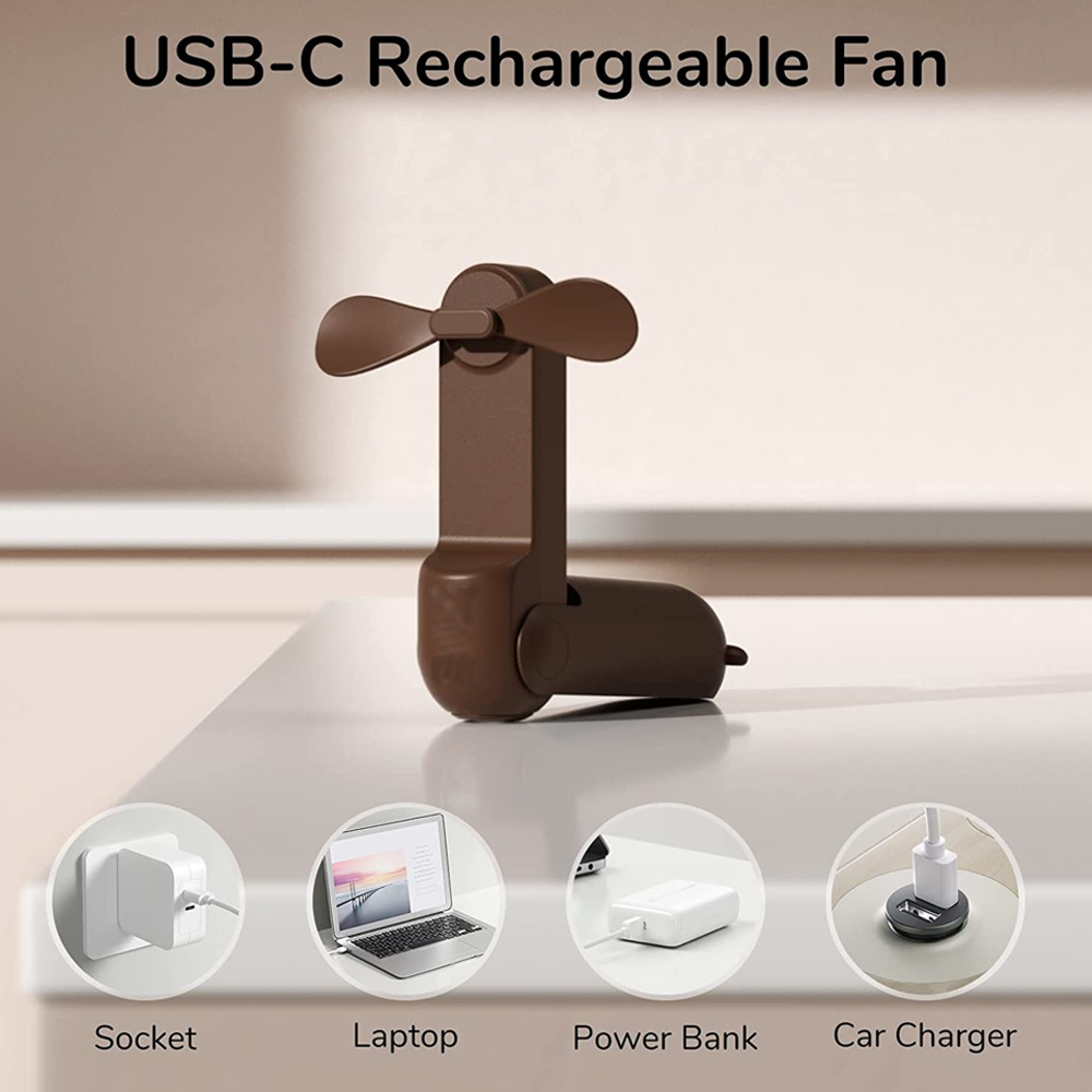 Brauner USB-C Ventilator mit Propellern, daneben Ladeoptionen.