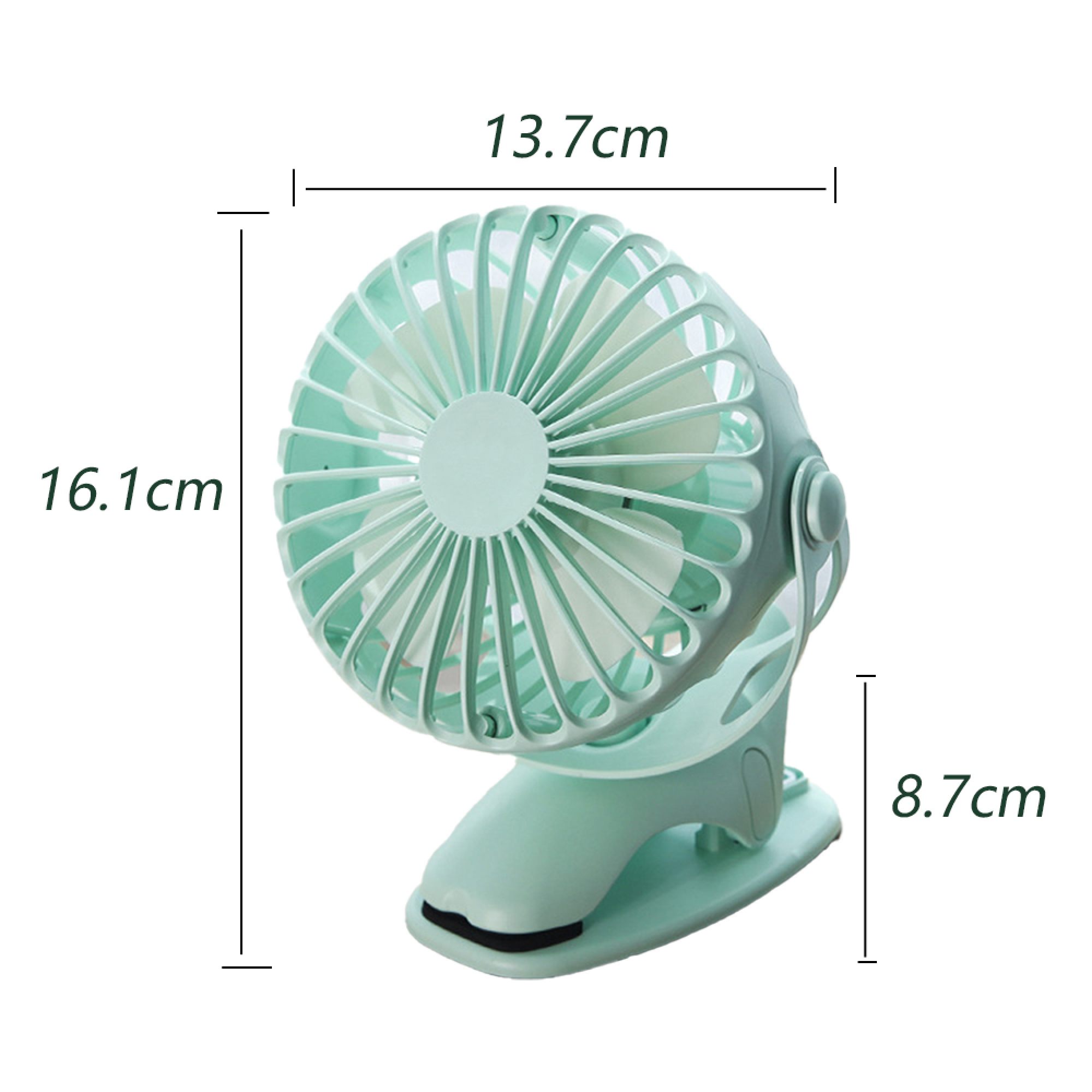 Ein kleiner, mintgrüner Clip-Ventilator mit Maßen 13,7x16,1x8,7cm.