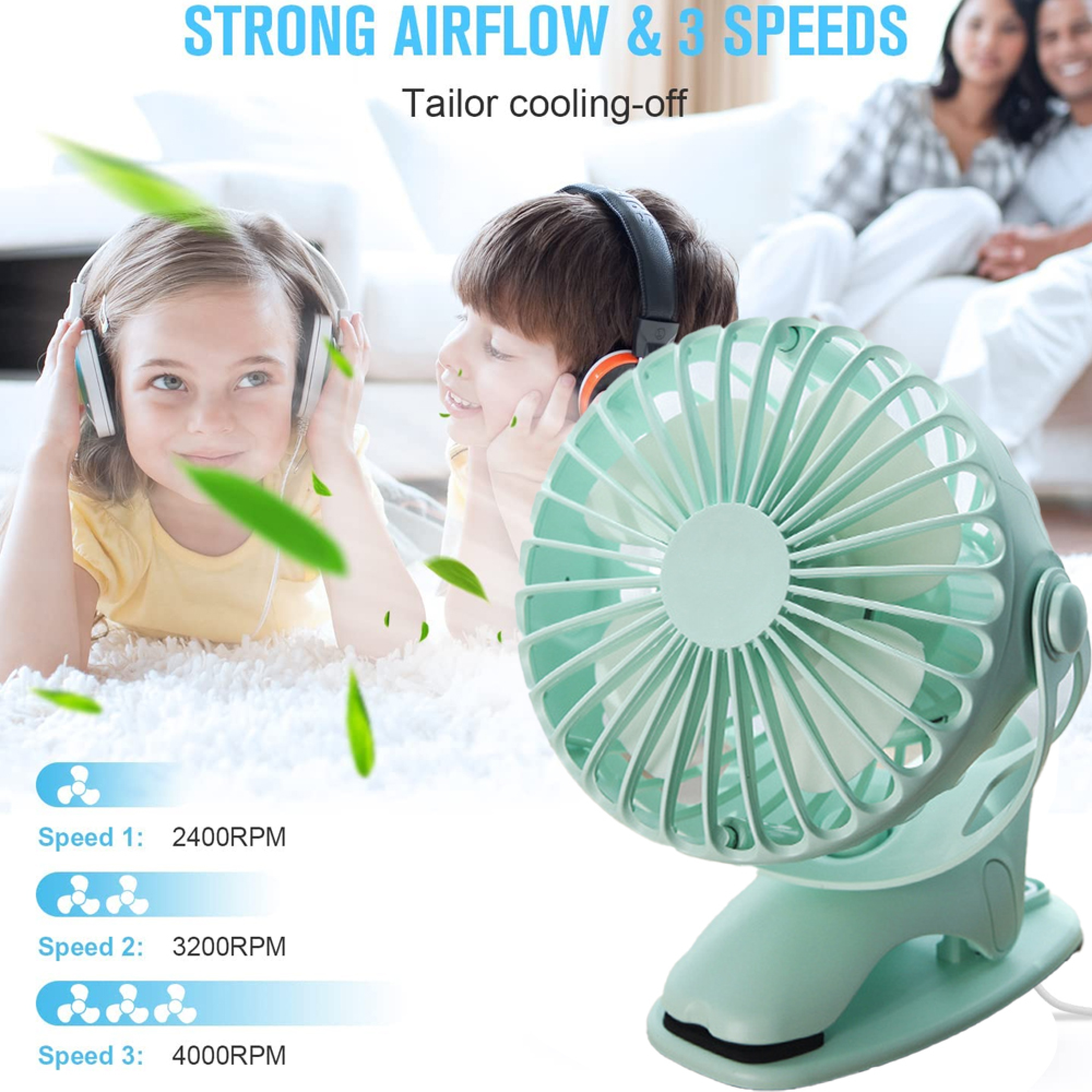 Ein mintgrüner Ventilator mit drei Geschwindigkeiten, daneben Kinder mit Kopfhörern.