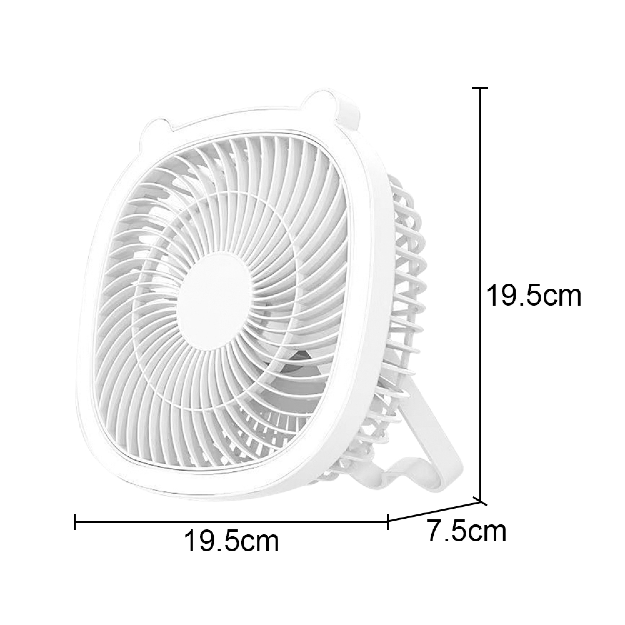 Ein weißer Ventilator mit niedlichen Ohren und Maßen 19,5 x 19,5 x 7,5 cm.