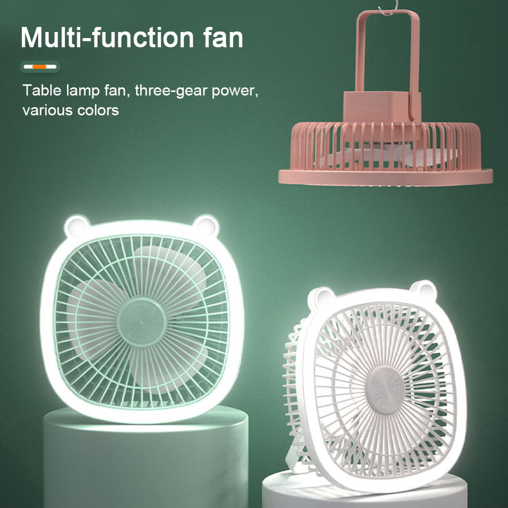 Drei Ventilatoren: ein rosafarbener Hängeventilator und zwei weiße Tischventilatoren.