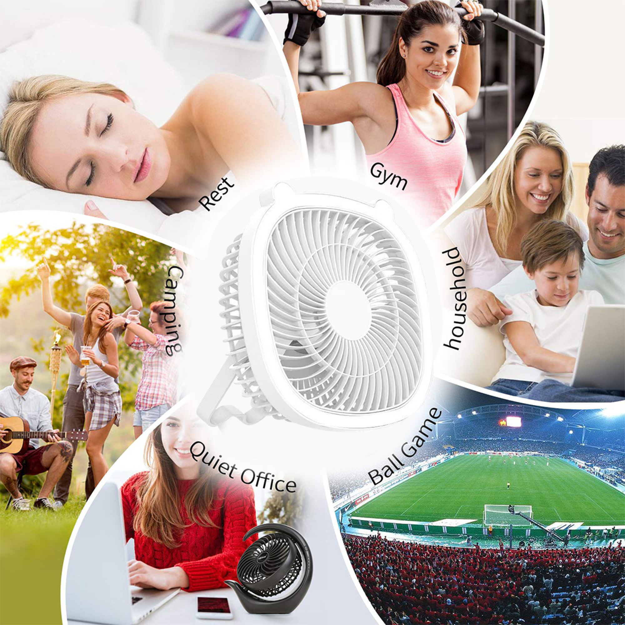 Eine Collage zeigt einen Ventilator in der Mitte, umgeben von Szenen wie Schlafen, Fitnessstudio, Familie, Camping und Fußball.