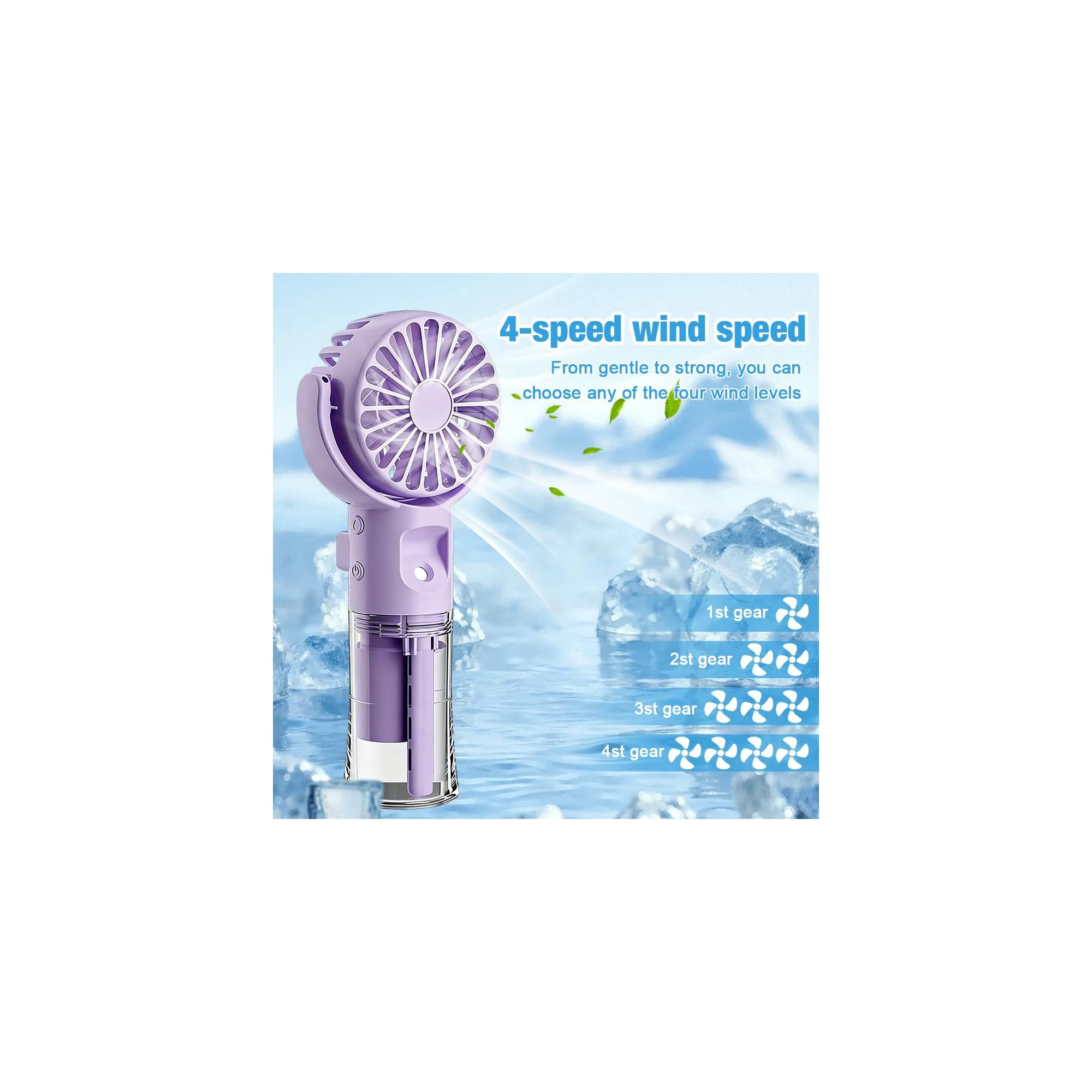 Ein violetter Ventilator mit 4 Geschwindigkeitsstufen auf Eiswürfeln.