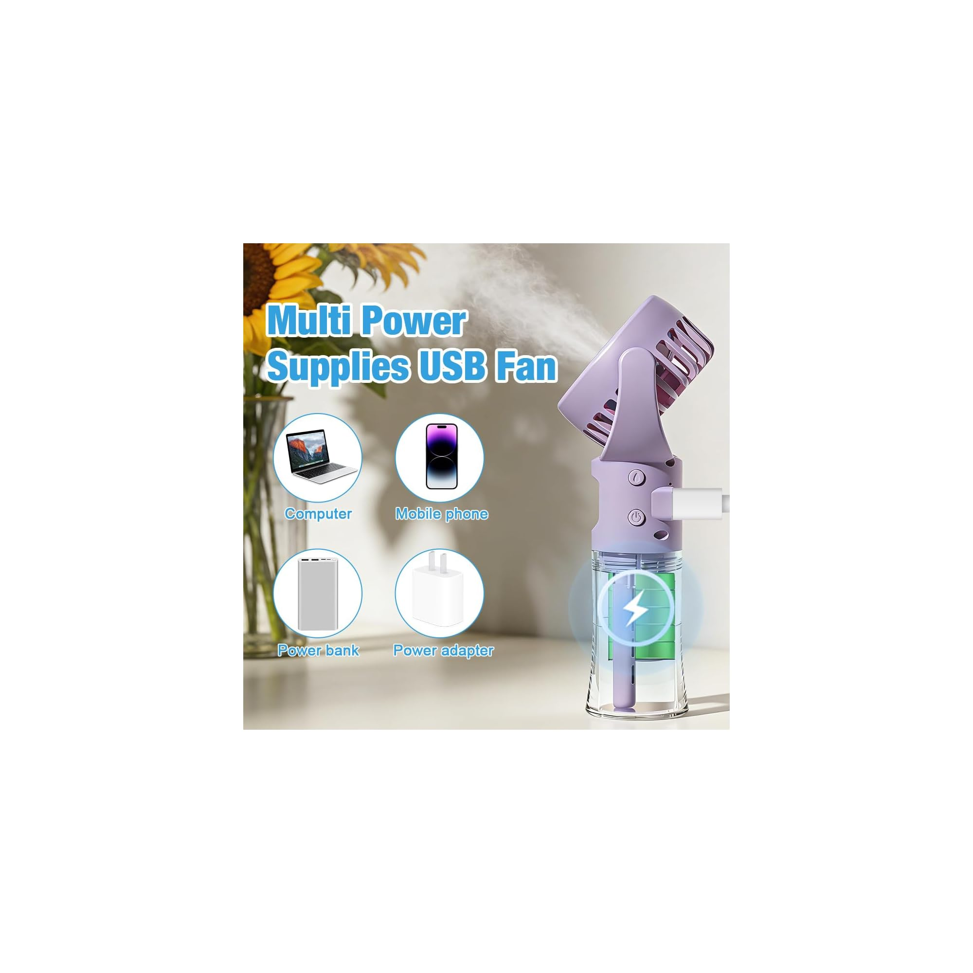 Ein lila Nebelventilator mit USB-Anschluss, neben Sonnenblumen. Zeigt Computer, Handy, Powerbank, Netzteil.