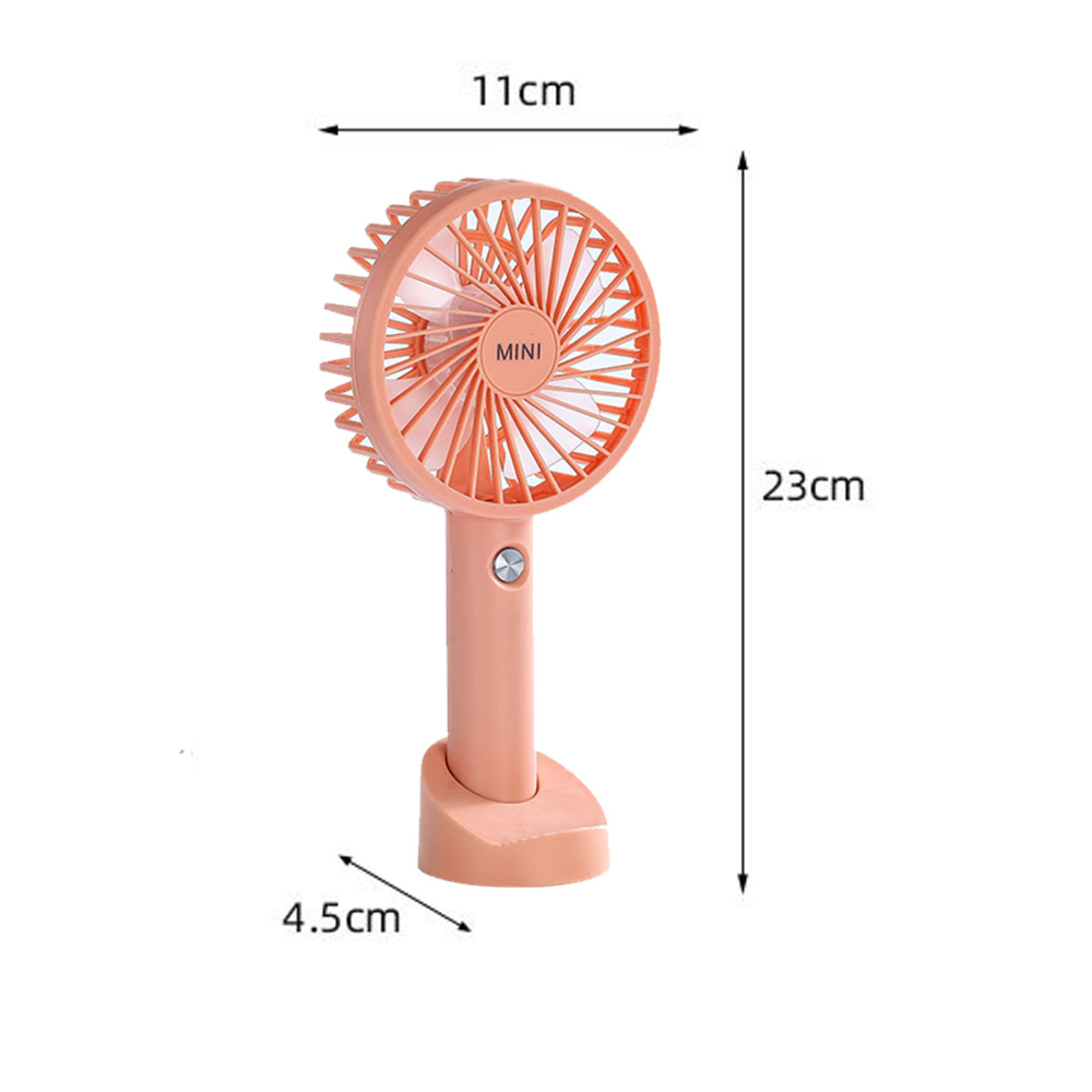 Ein pfirsichfarbener Mini-Ventilator mit Ständer und Maßen.