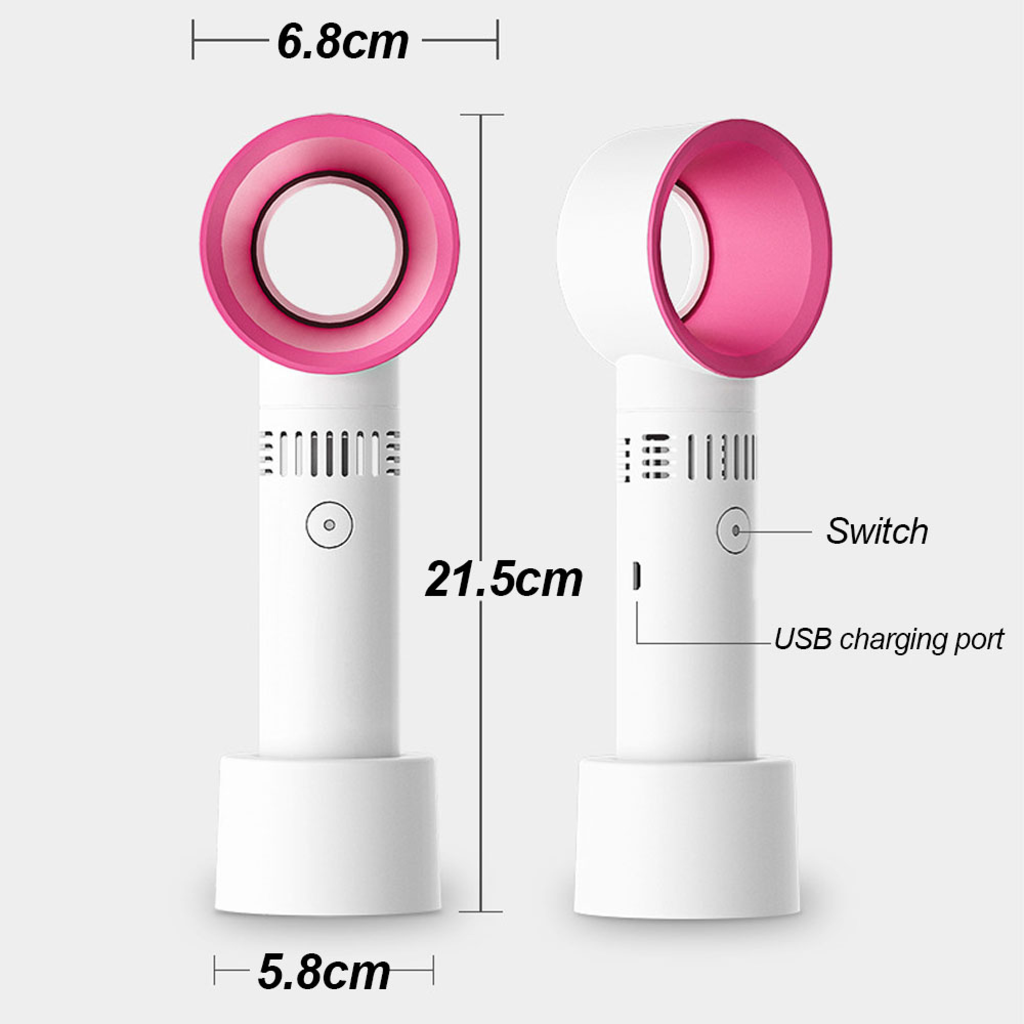 Ein weißer Handventilator mit pinkem Ring und Maßen.