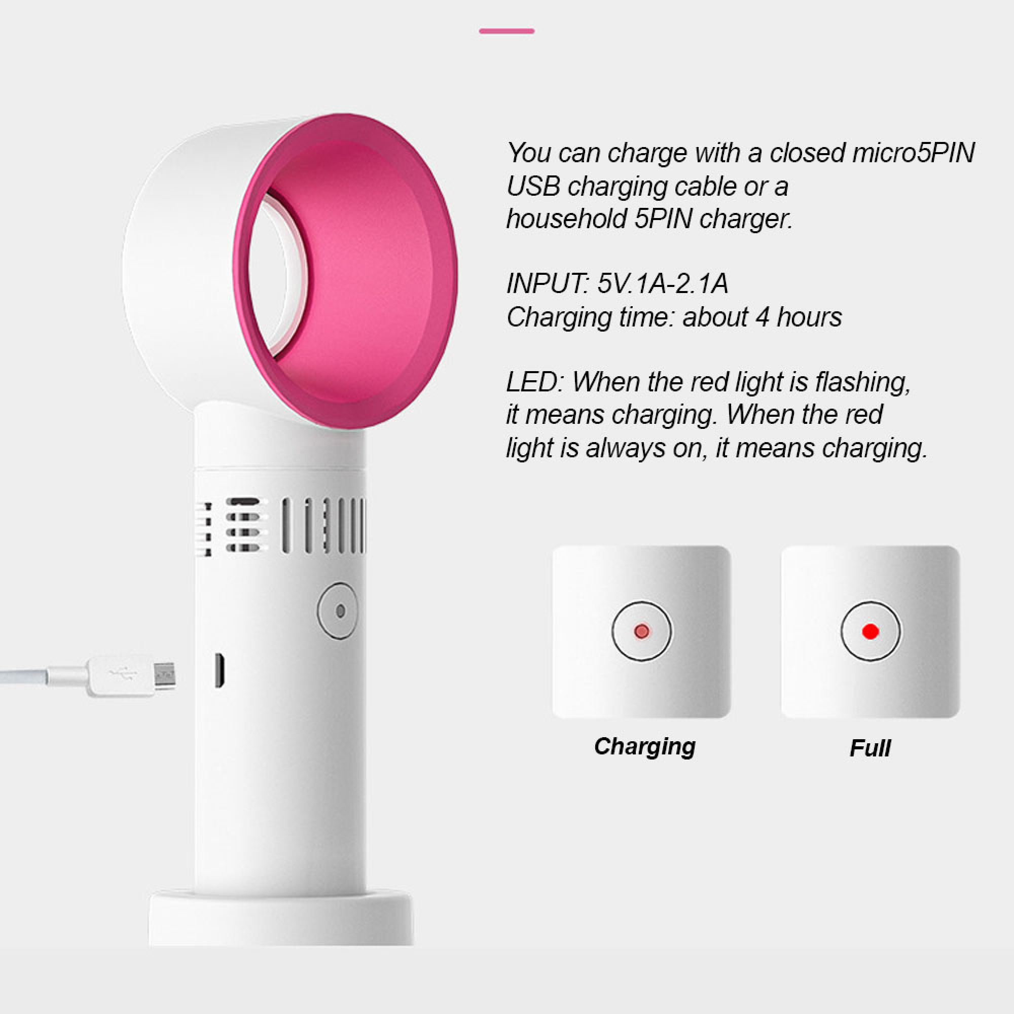 Ein weißer Ventilator mit pinkem Ring wird über ein USB-Kabel geladen. Ladeanzeigen sind abgebildet.
