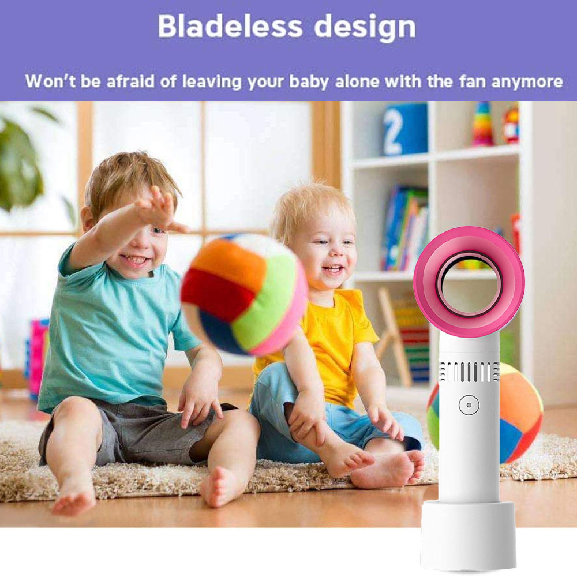 Zwei Kinder spielen mit einem Ball neben einem blassrosa Ventilator.