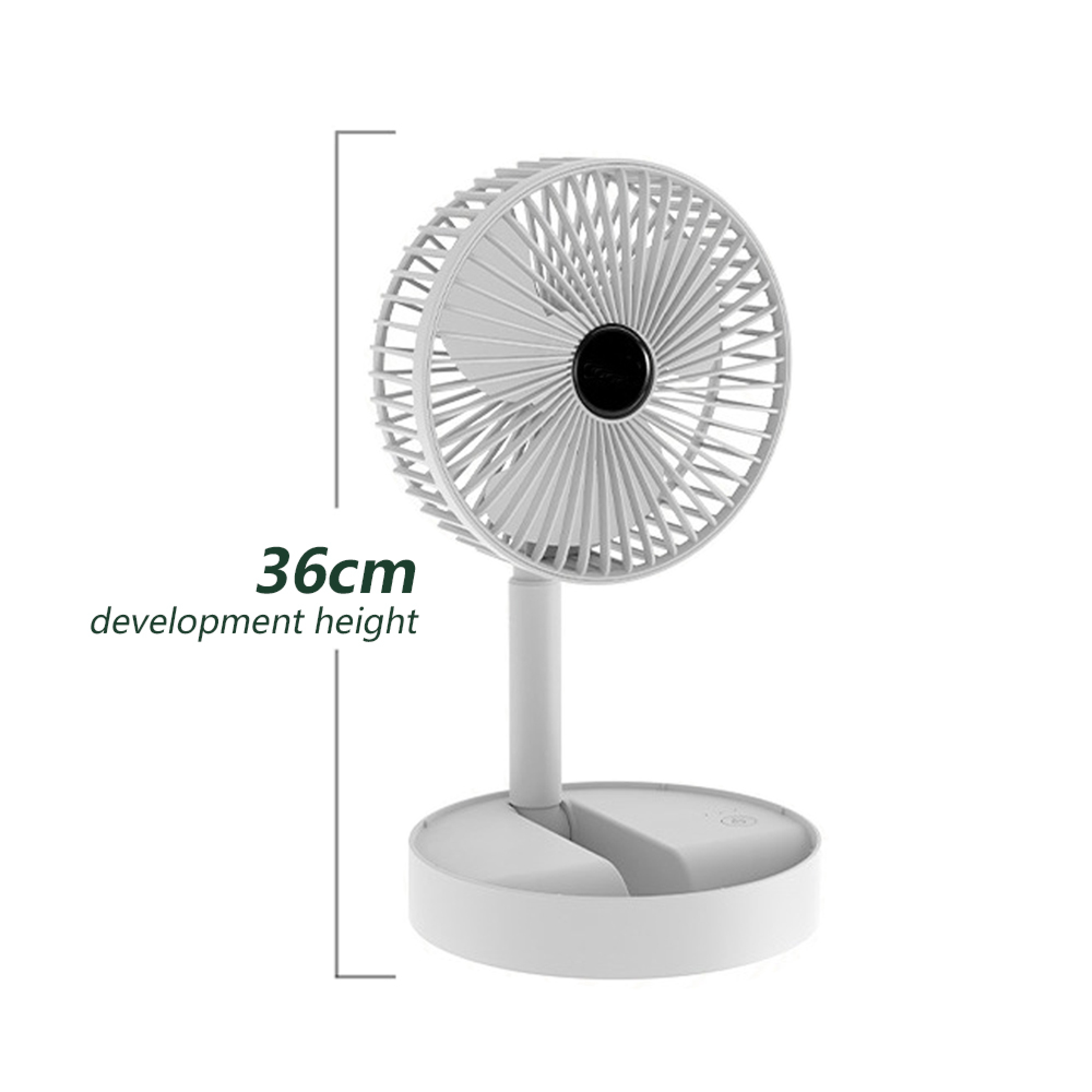 Ein weißer, faltbarer Tischventilator mit 36 cm Höhe.
