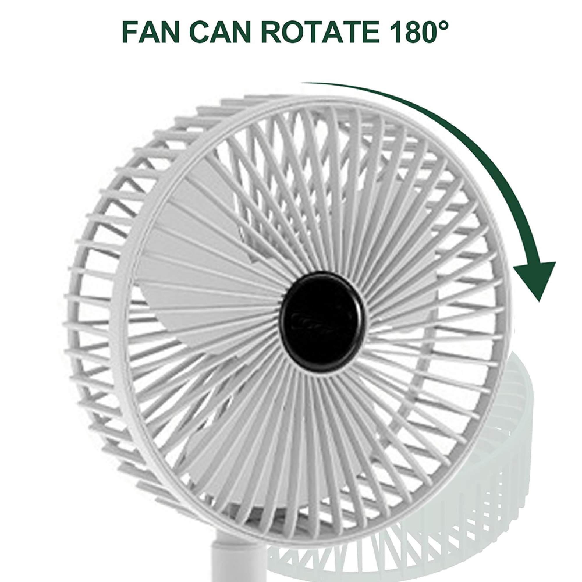 Ein weißer Ventilator mit schwarzem Mittelteil dreht sich 180 Grad.