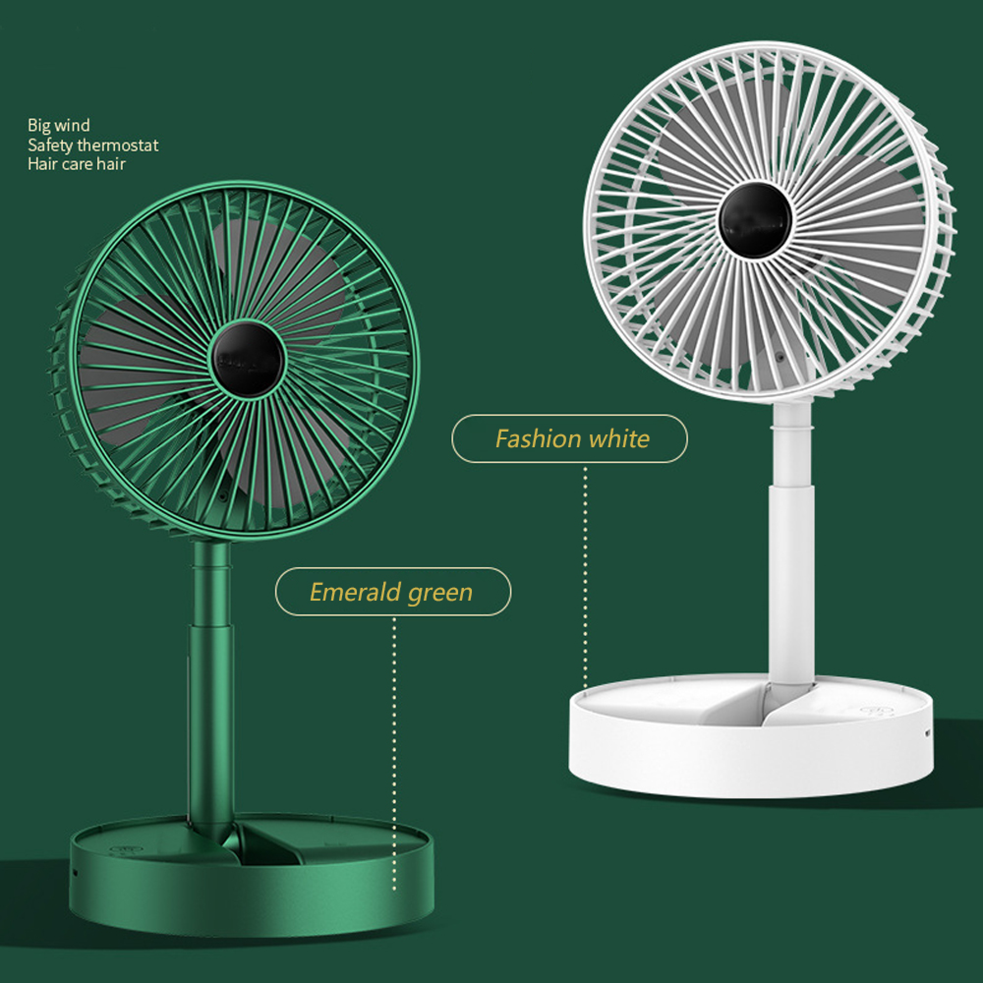 Ein grüner und ein weißer Ventilator stehen nebeneinander auf dunklem Hintergrund.