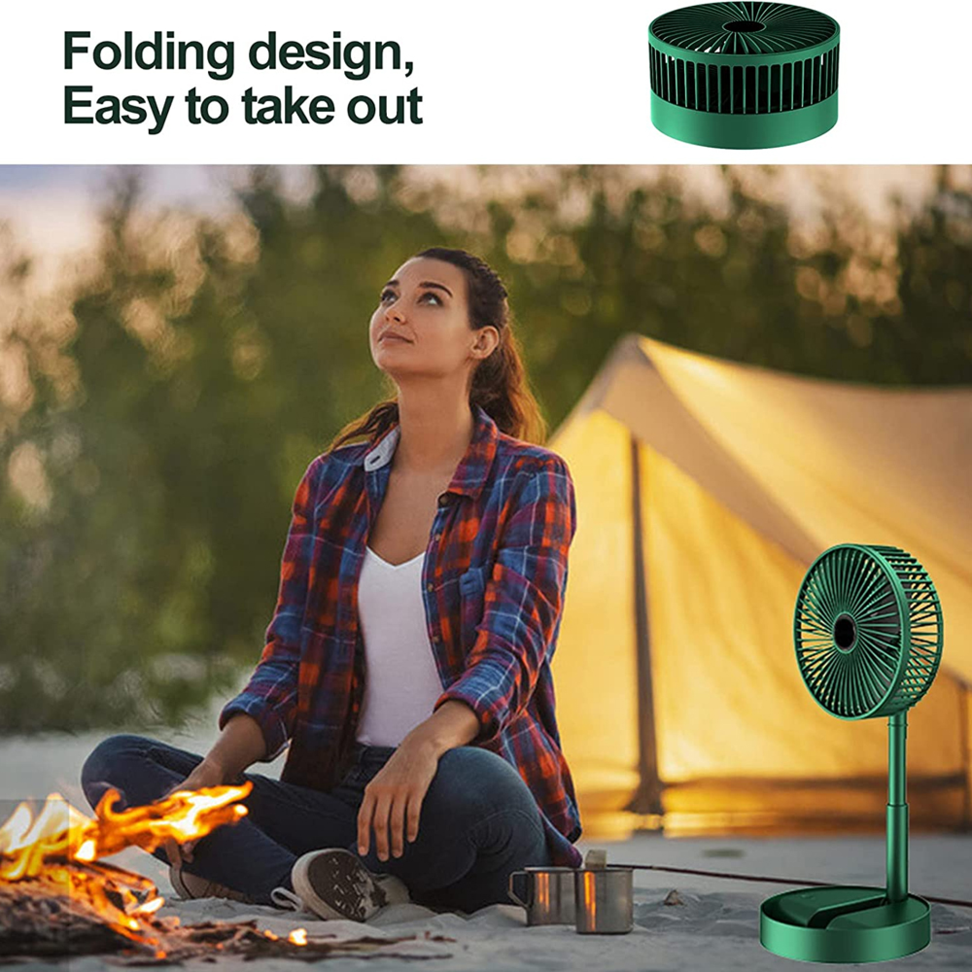 Eine Frau sitzt am Lagerfeuer vor einem Zelt. Ein grüner Ventilator steht daneben.