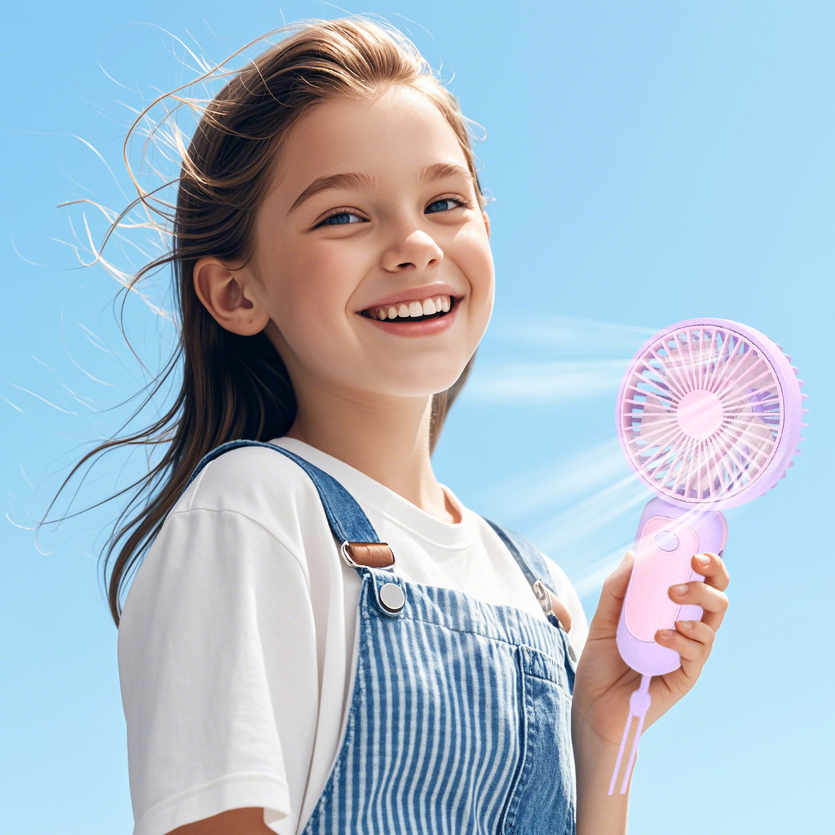 Ein Mädchen mit Latzhose hält einen kleinen lila Ventilator vor blauem Himmel.