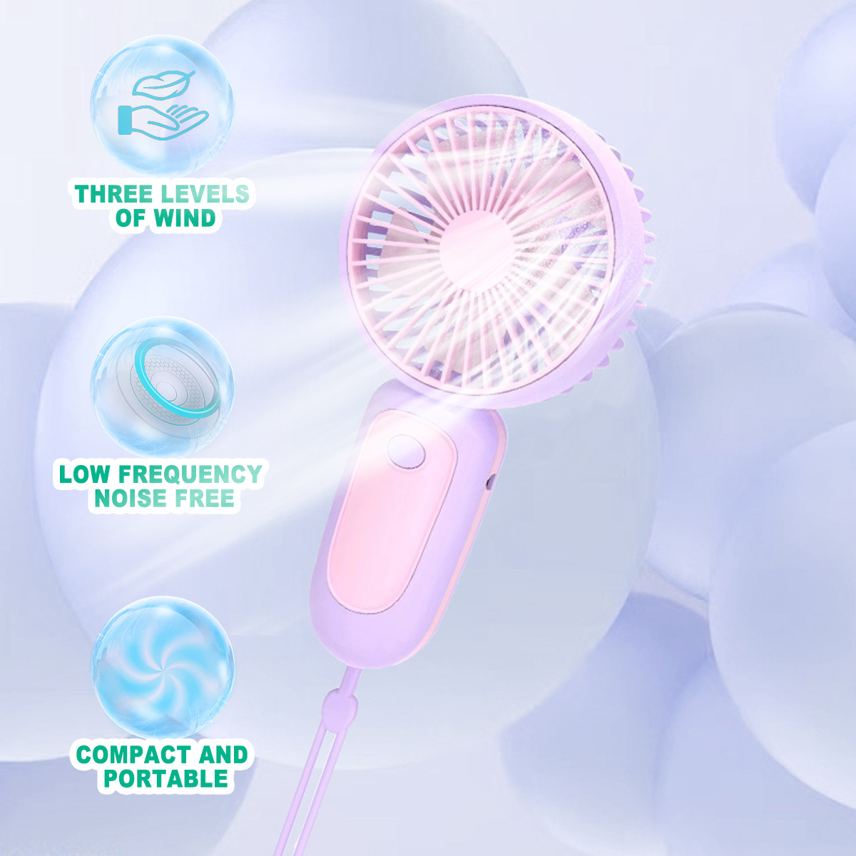 Ein tragbarer lila-pinker Ventilator mit drei hervorgehobenen Merkmalen: Windstufen, Geräuschpegel, Tragbarkeit.