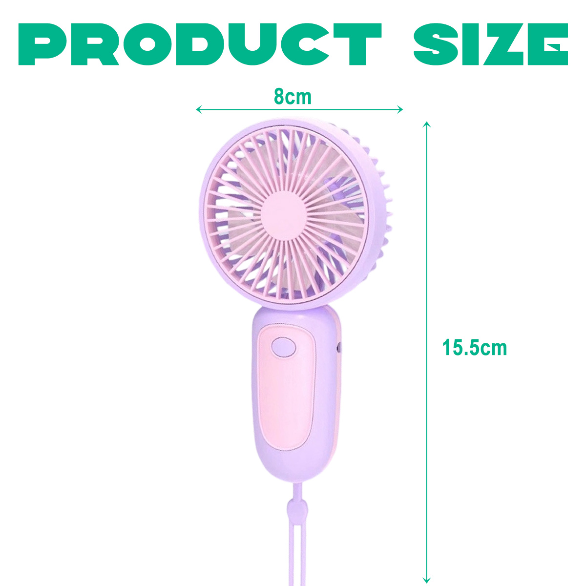 Ein kleiner violetter und rosa Ventilator mit Maßen 8 cm Breite und 15,5 cm Höhe.