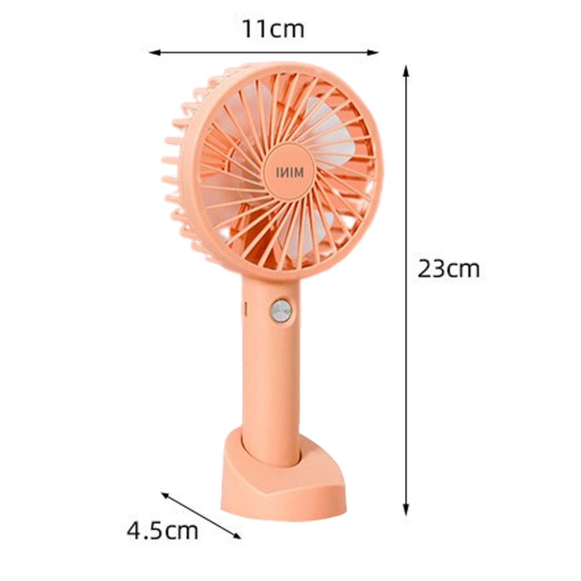 Ein kleiner, pfirsichfarbener Handventilator mit silbernem Knopf.
