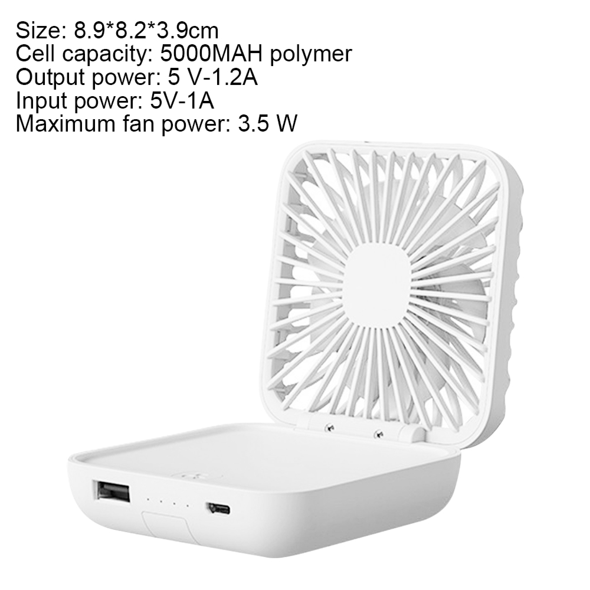 Ein weißer, tragbarer Lüfter mit USB-Anschlüssen und Ladeanzeigen.