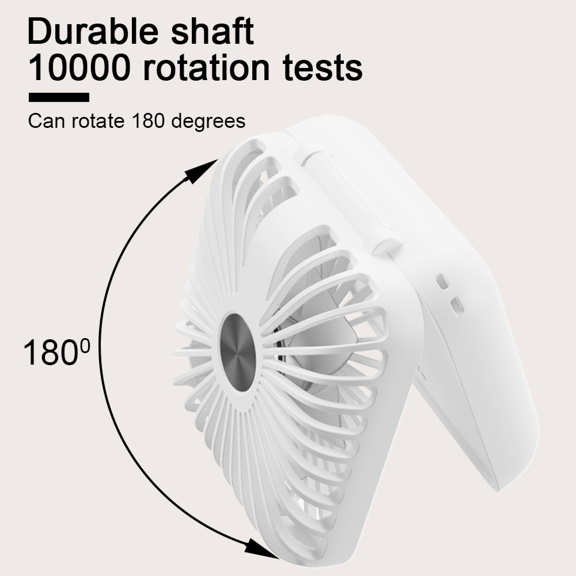 Ein weißer, tragbarer Ventilator mit 180-Grad-Drehung.