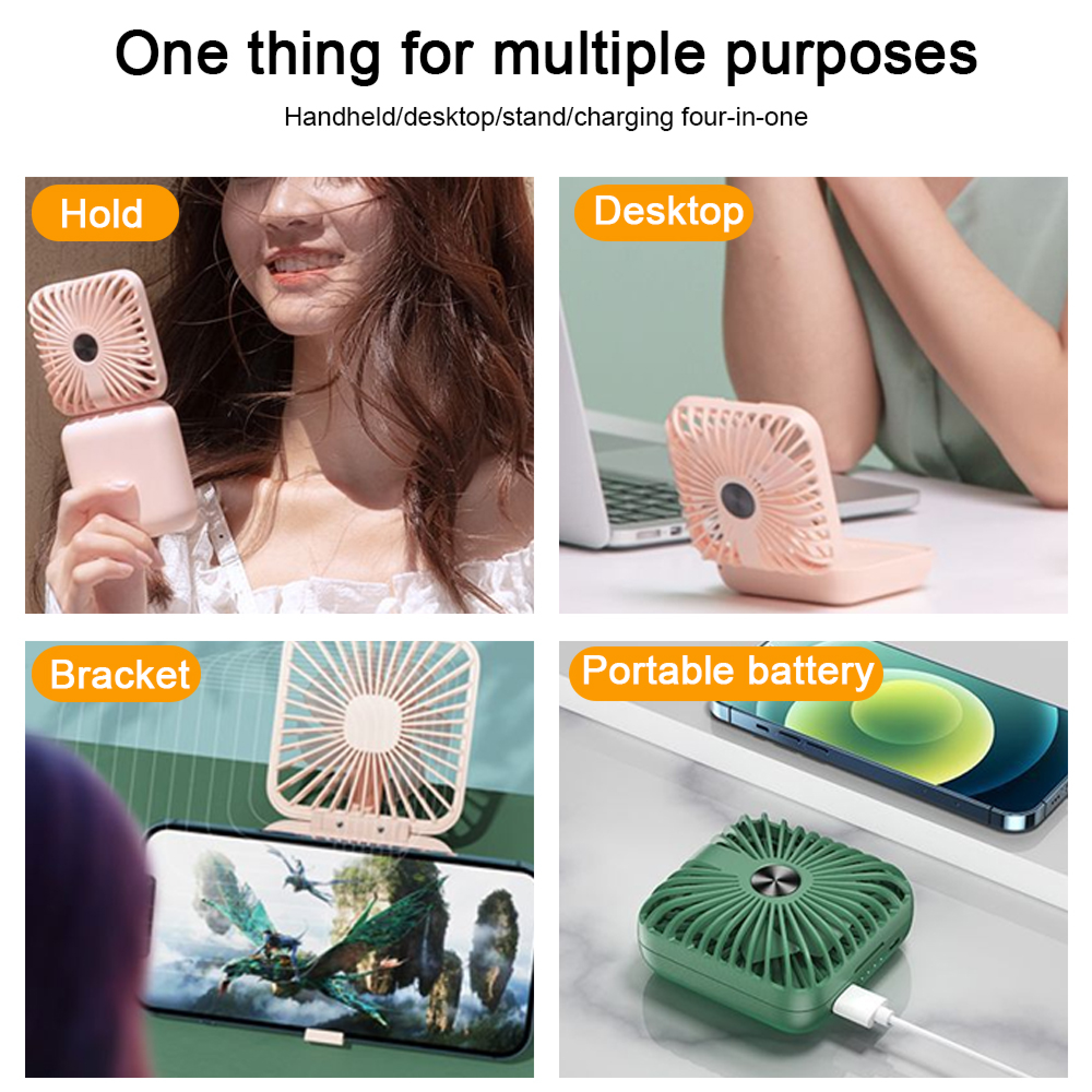 Vier-in-eins-Lüfter: Handheld, Desktop, Ständer und Powerbank.