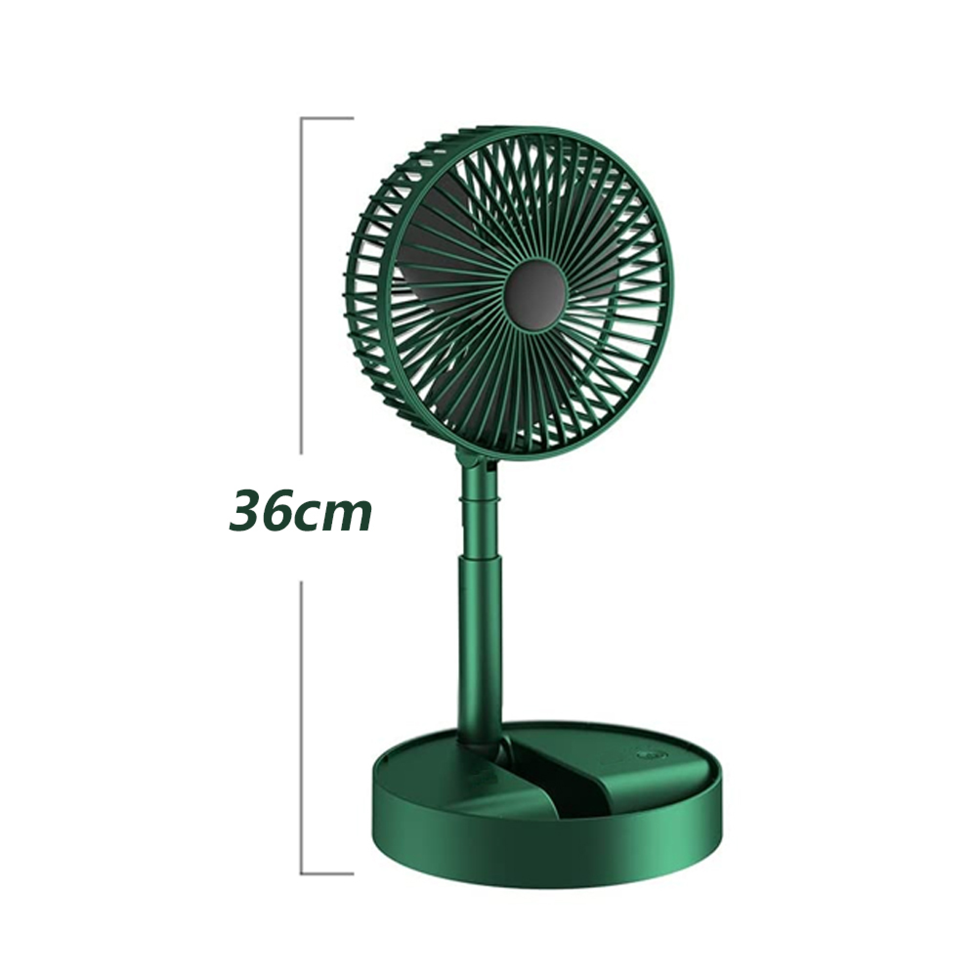 Ein dunkelgrüner, faltbarer Tischventilator mit 36cm Höhe steht auf einem runden Sockel.