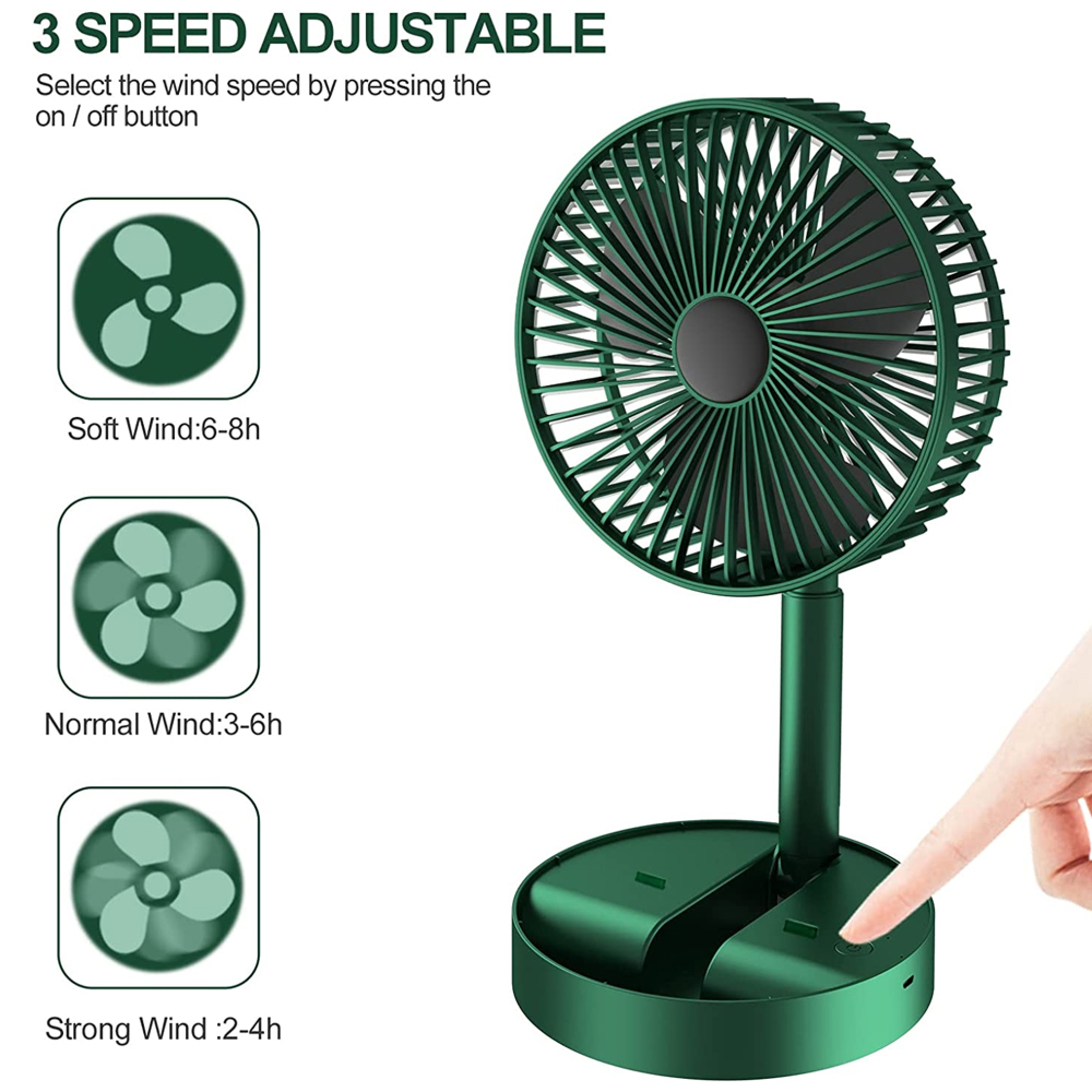 Ein grüner Ventilator mit 3 Geschwindigkeitsstufen und Bedienungsanleitung.