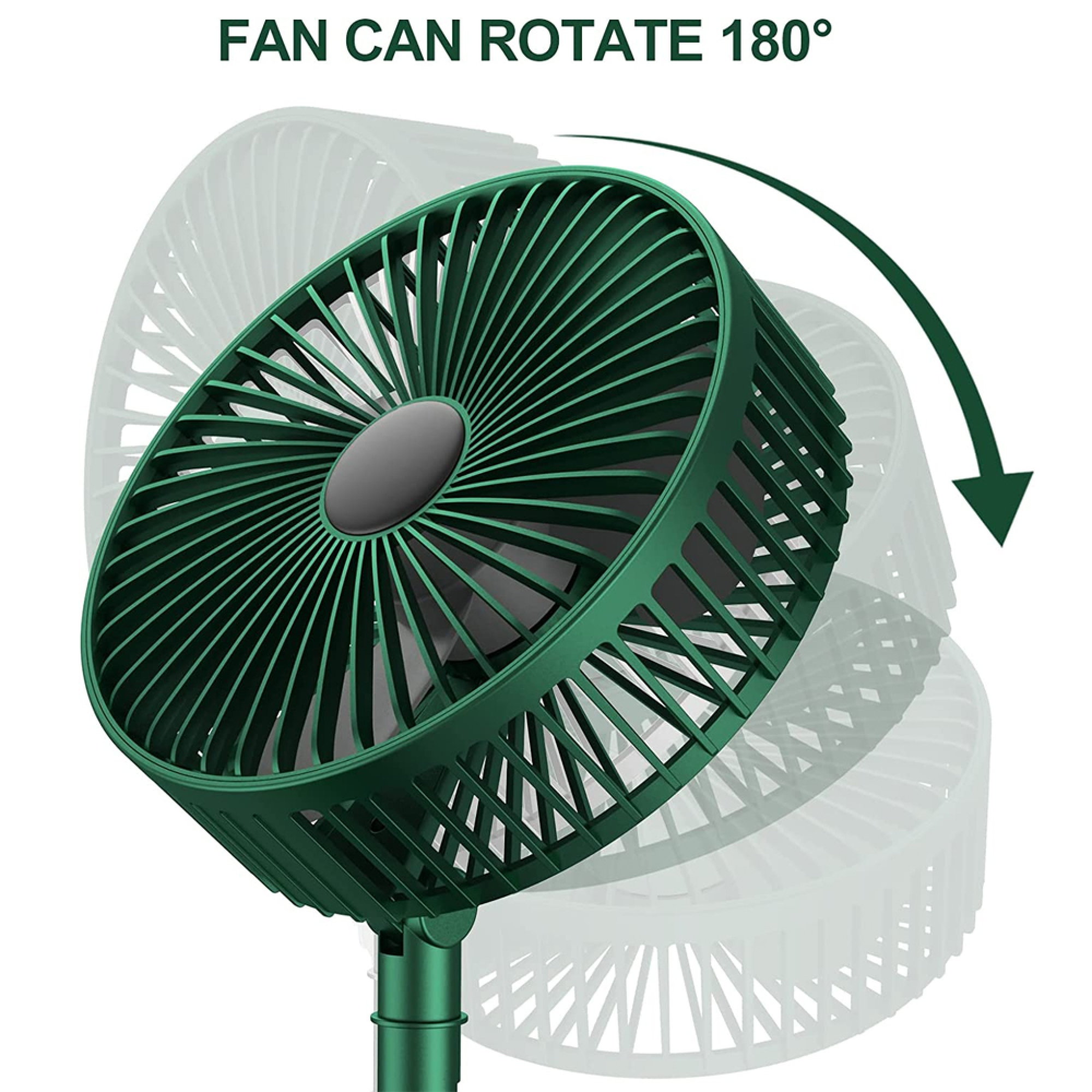 Ein grüner Ventilator dreht sich um 180 Grad, in mehreren Positionen gezeigt.