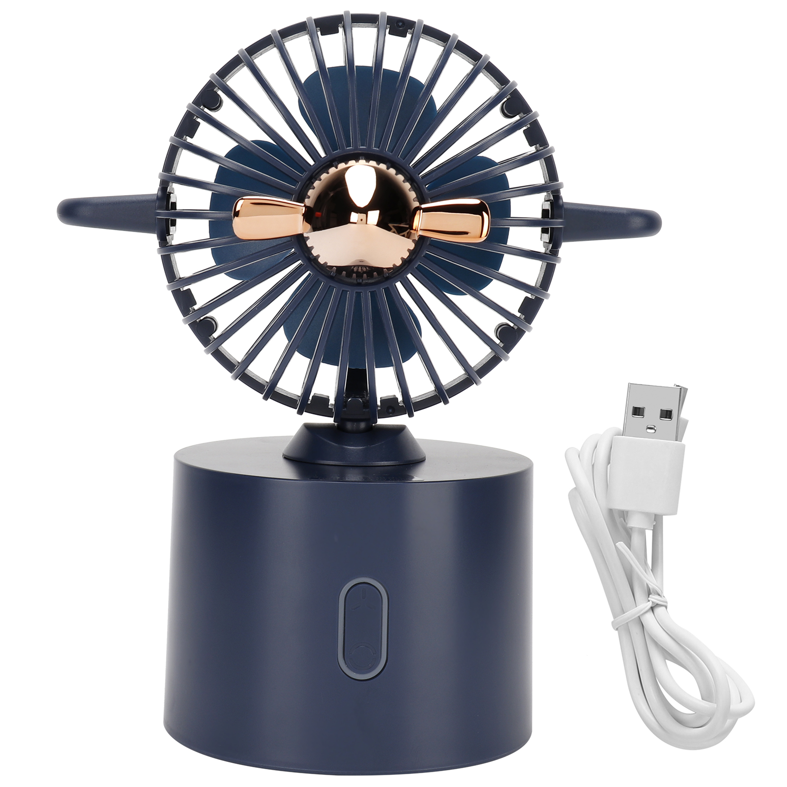 Ein kleiner blauer USB-Ventilator mit Kupfer-Akzenten und weißem Kabel.