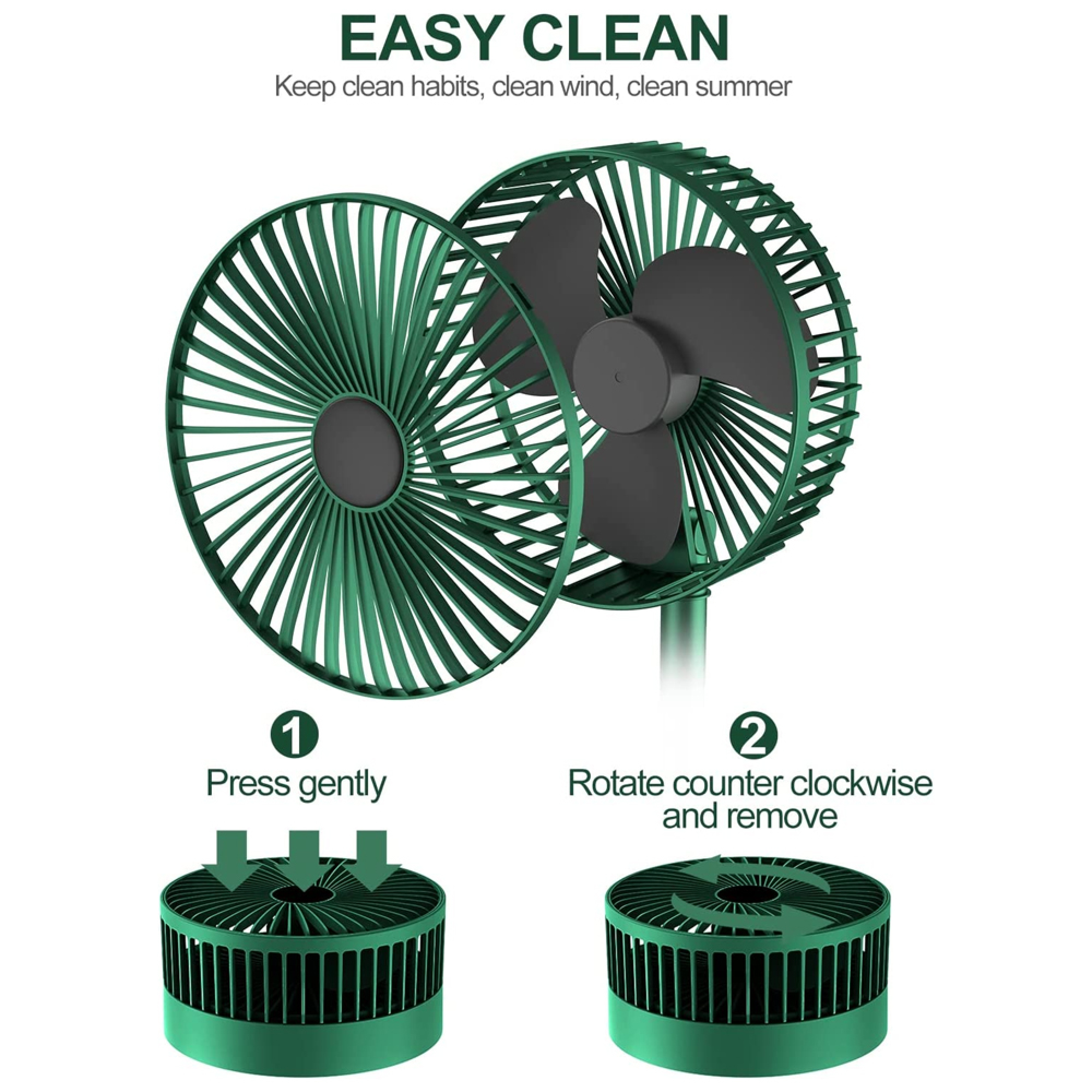 Grüner Ventilator mit Anleitungen zur einfachen Reinigung.