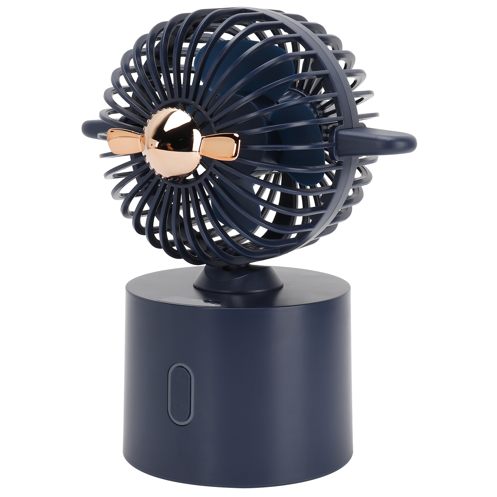 Ein kleiner, dunkelblauer Ventilator mit kupferfarbenen Akzenten auf weißem Hintergrund.