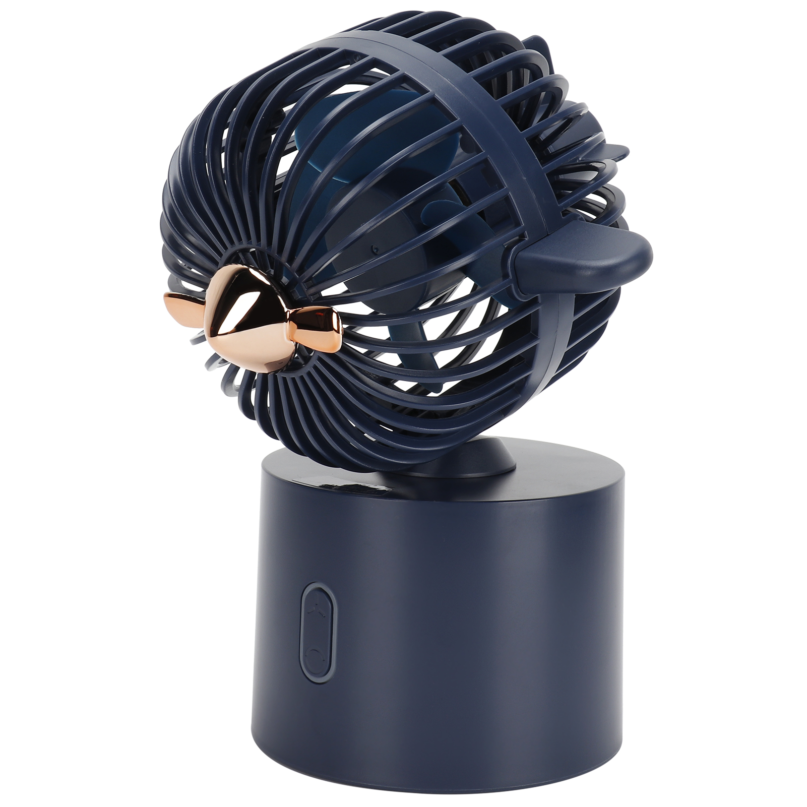 Ein kleiner, dunkelblauer Ventilator mit Kupferdetails auf einem runden Sockel.