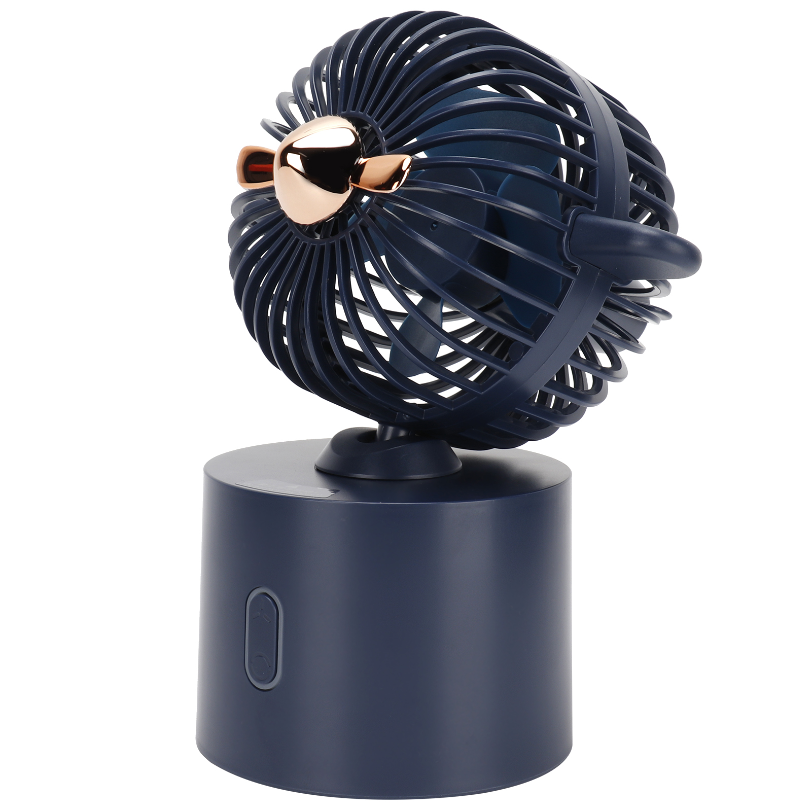 Ein dunkelblauer Ventilator mit kupferfarbenem Detail und runder Basis.