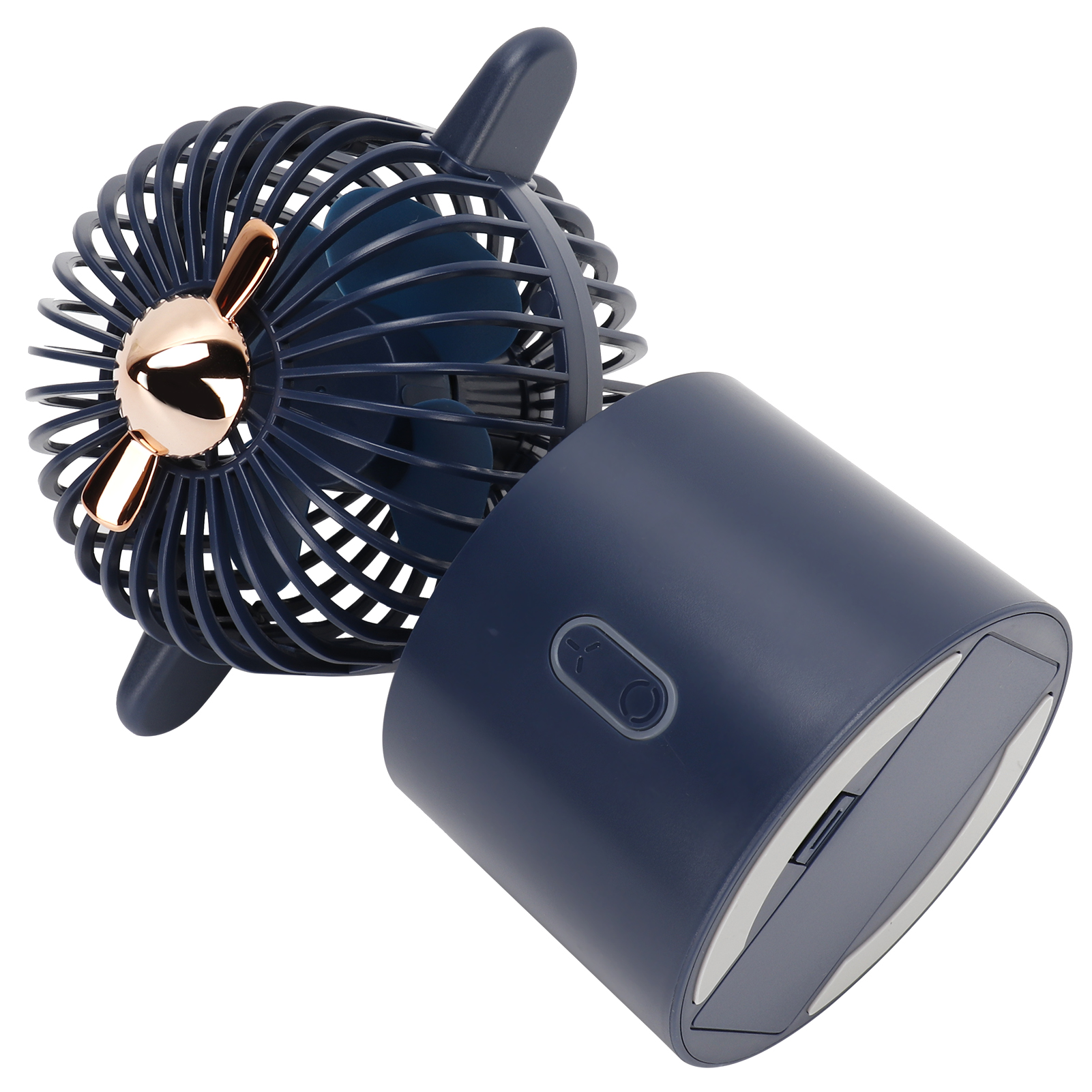 Ein dunkelblauer, tragbarer Ventilator mit roséfarbenen Propellern und blauem Rotor.