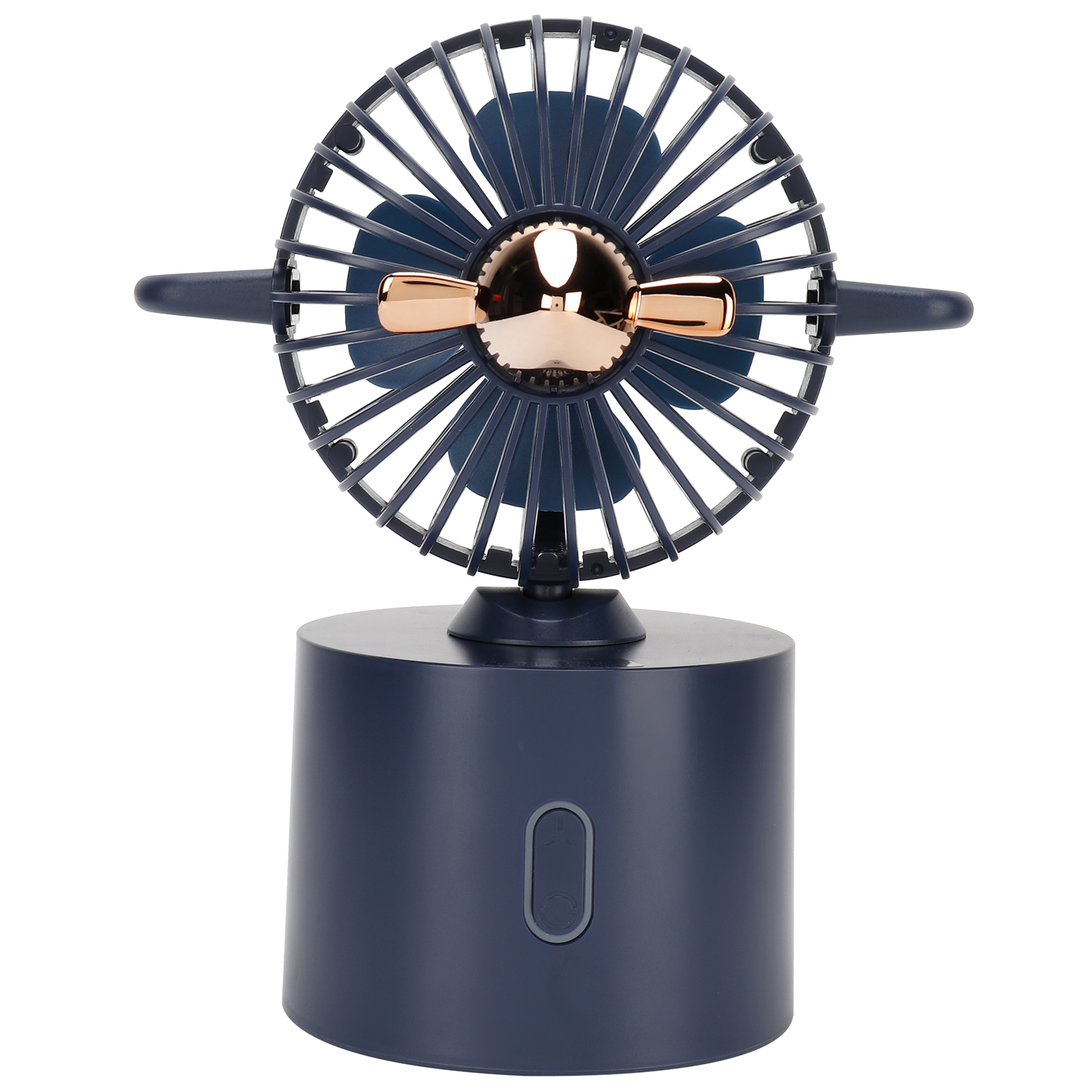 Ein blauer Ventilator mit kupferfarbenen Elementen auf einem Sockel.