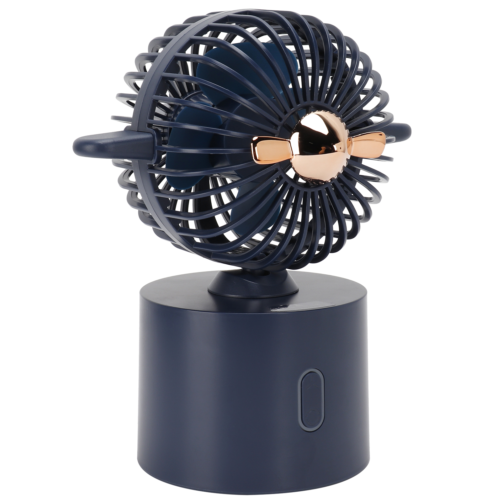 Ein dunkelblauer Tischventilator mit kupferfarbenen Akzenten auf weißem Hintergrund.
