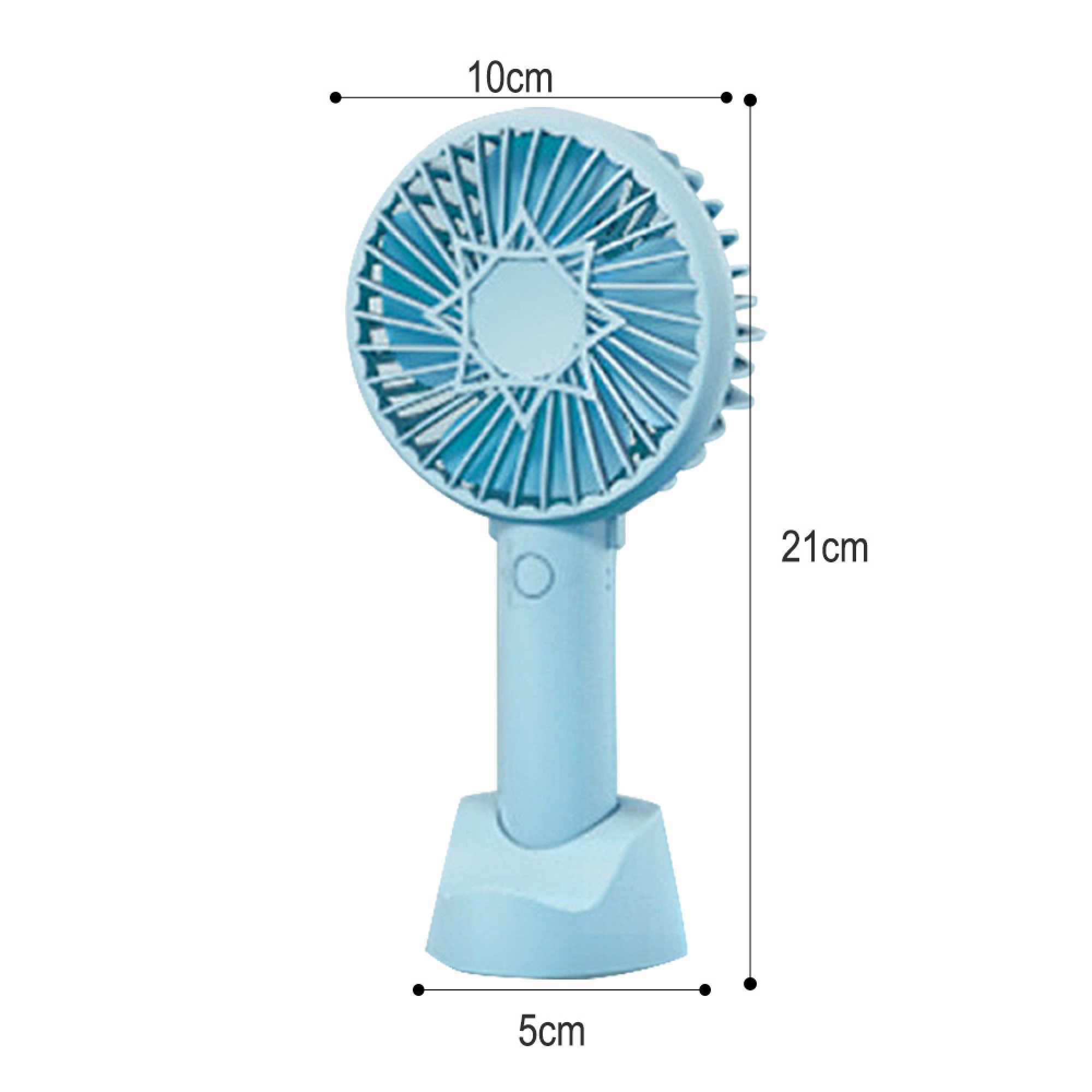 Ein kleiner blauer Ventilator mit einem Griff und einer Basis. Maße sind angegeben.