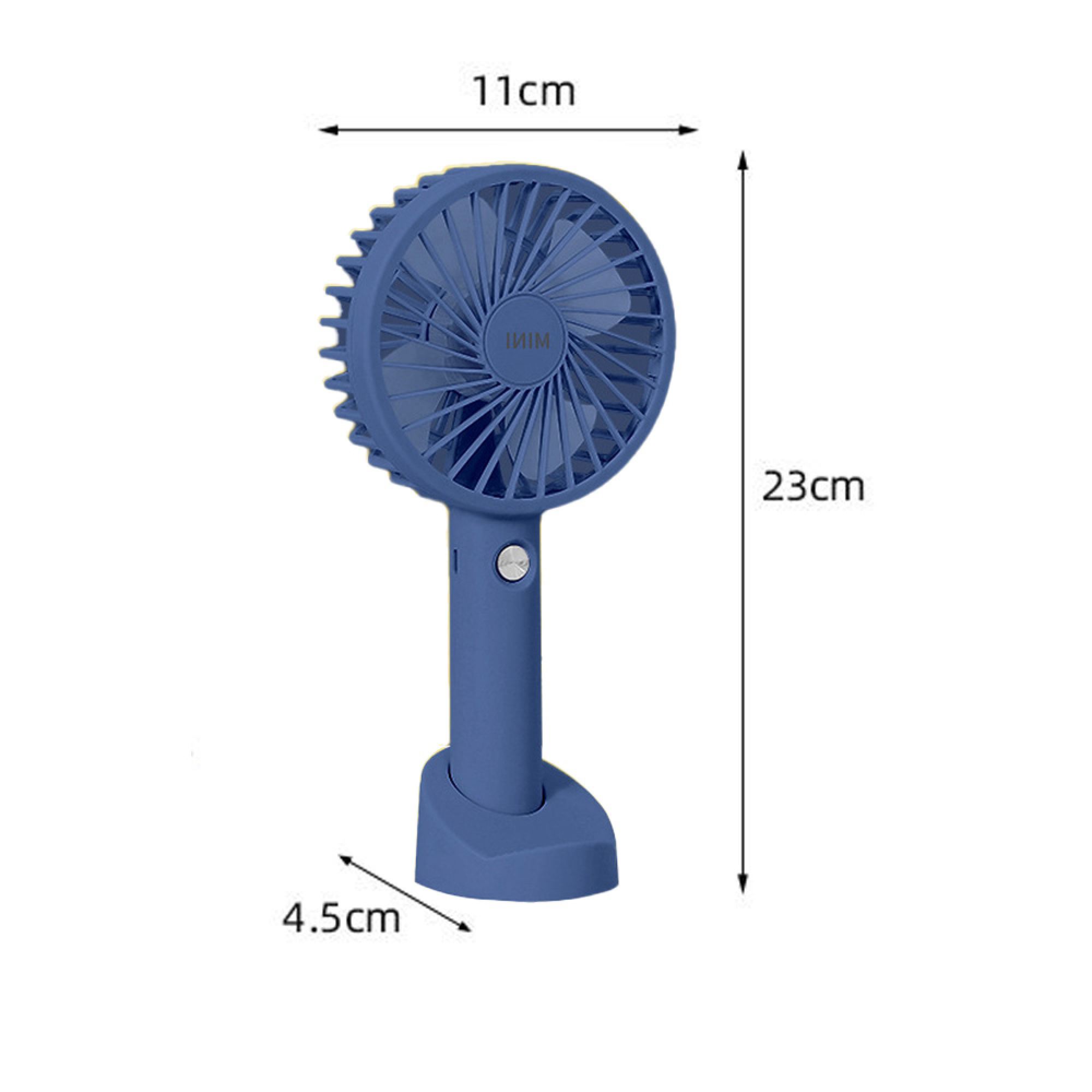 Ein blauer Handventilator mit einer Basis. Maße: 11x23x4.5cm.