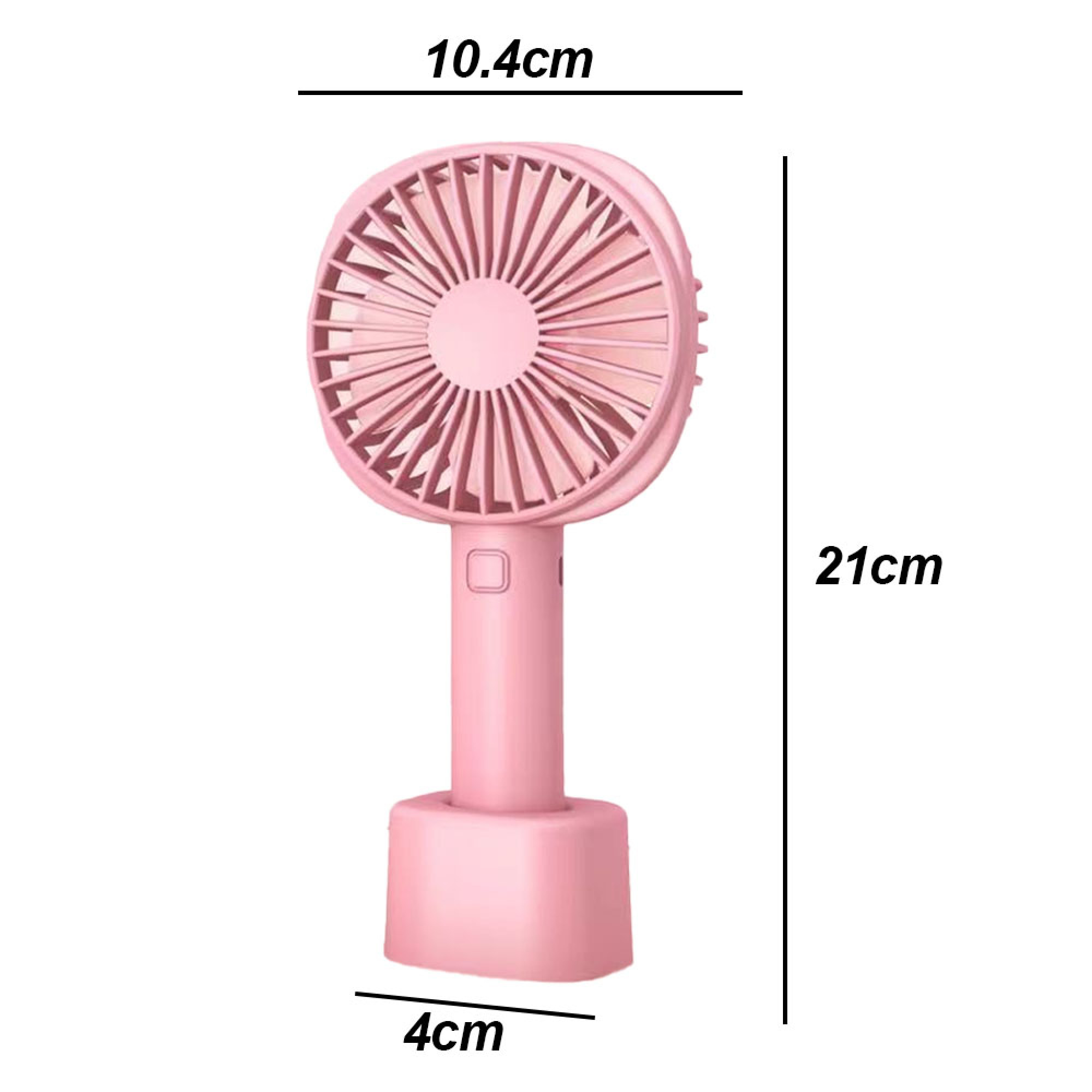 Ein kleiner rosa Ventilator mit Griff und Basis. Maße sind angegeben.