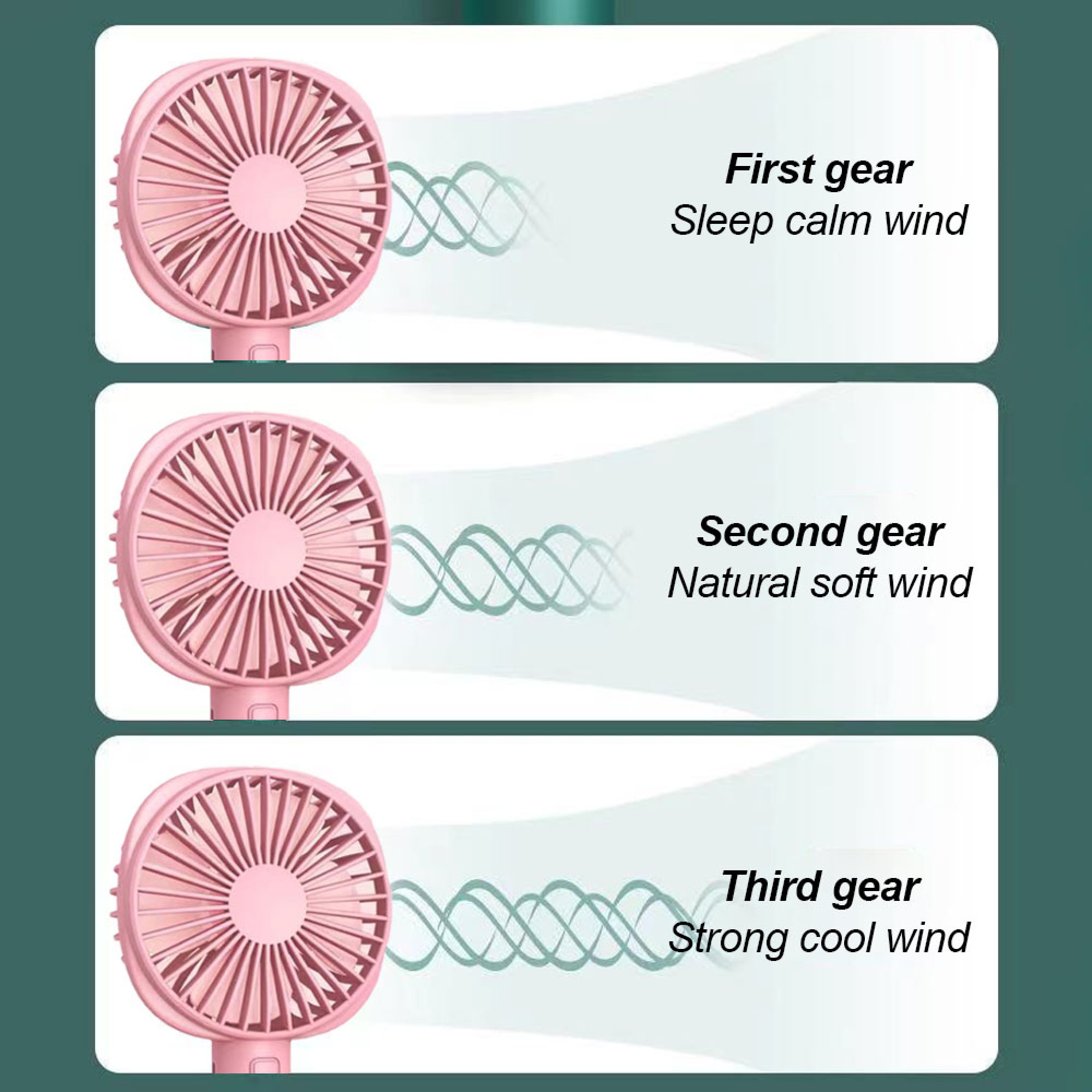 Ein rosafarbener Ventilator mit drei Gängen: Schlaf, Natur, starker Wind.