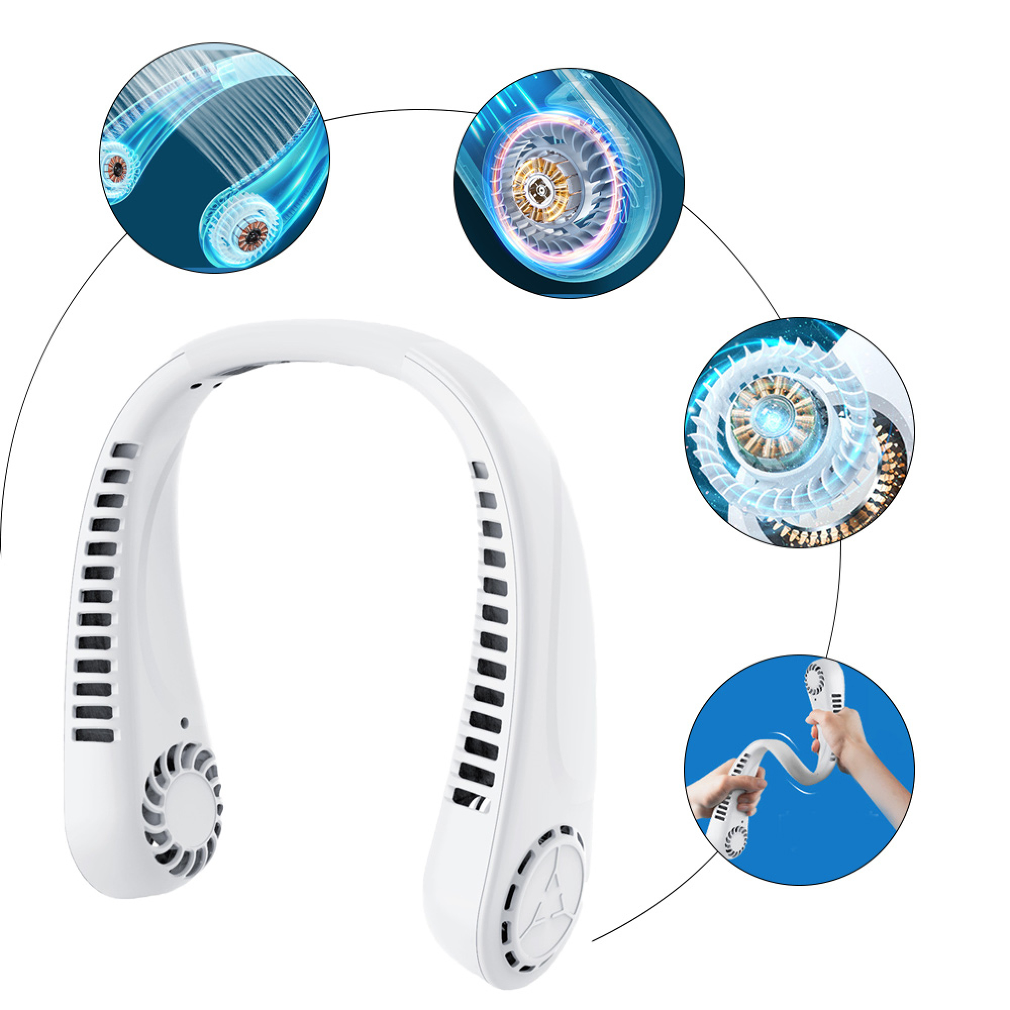 Ein weißer Nackenventilator mit detaillierten Ansichten von Lüfter und Motor.