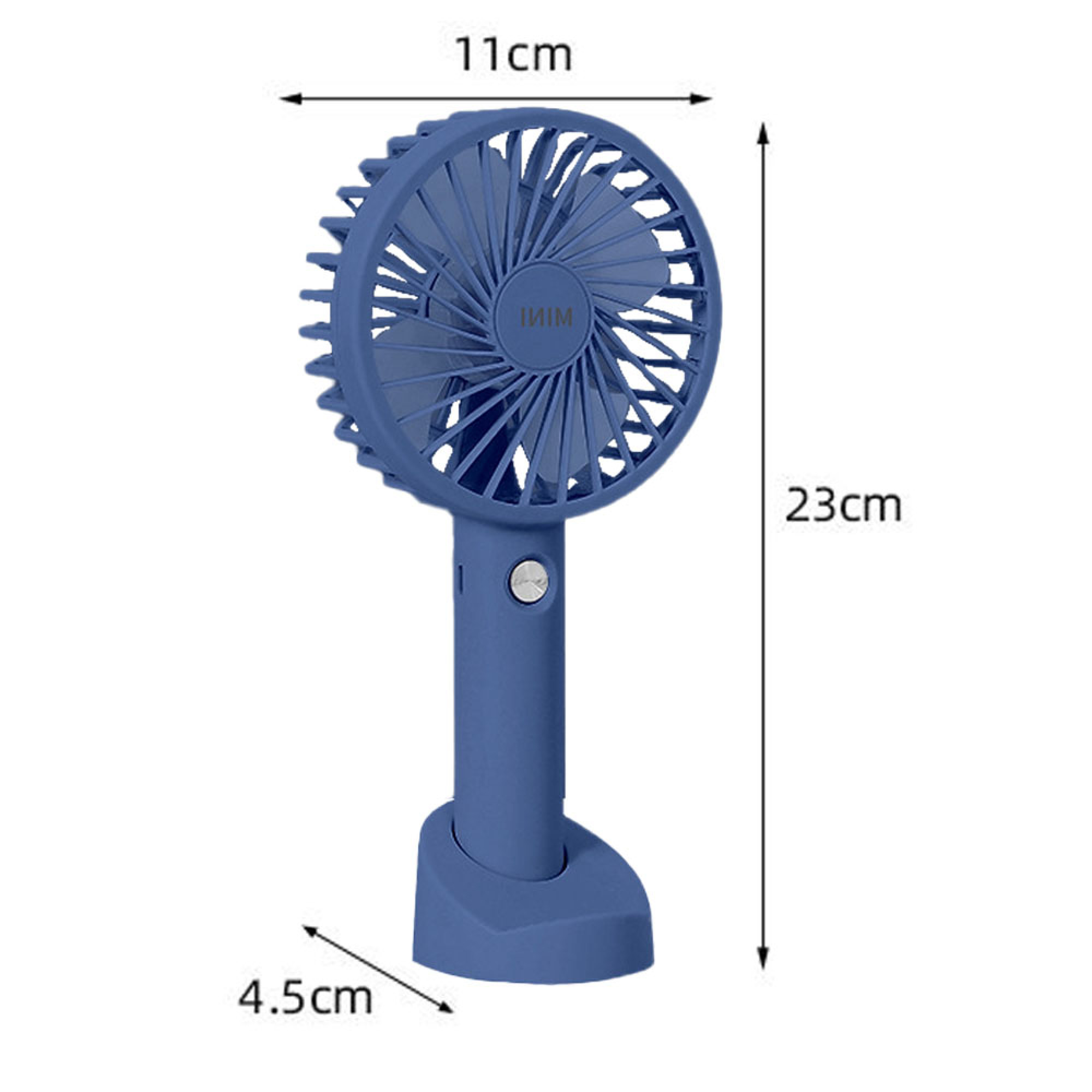 Ein blauer Handventilator mit einem Griff und einer Basis. Maße sind angegeben.