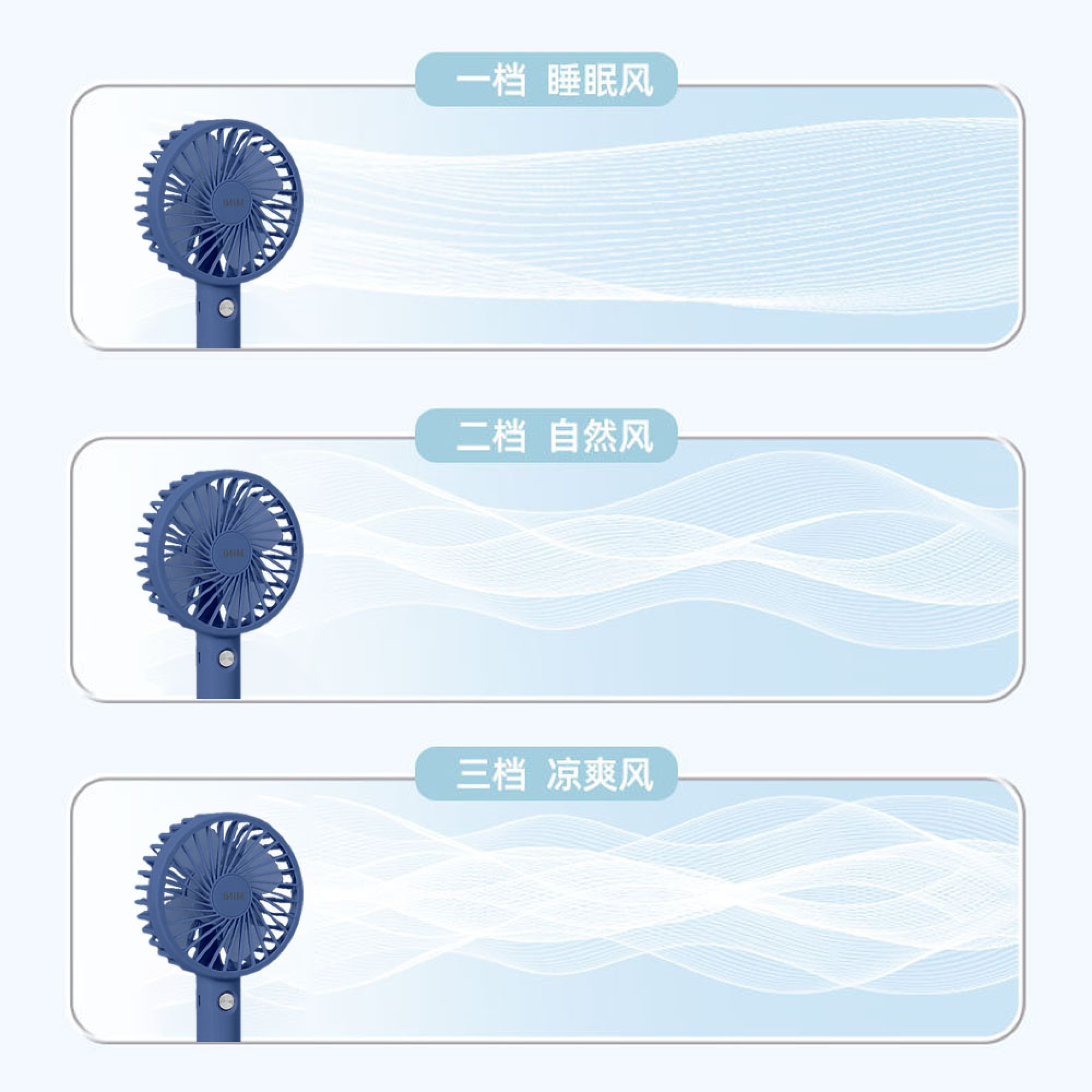 Blauer Ventilator mit drei verschiedenen Windstärken: Schlaf-, Natur- und kühle Brise.