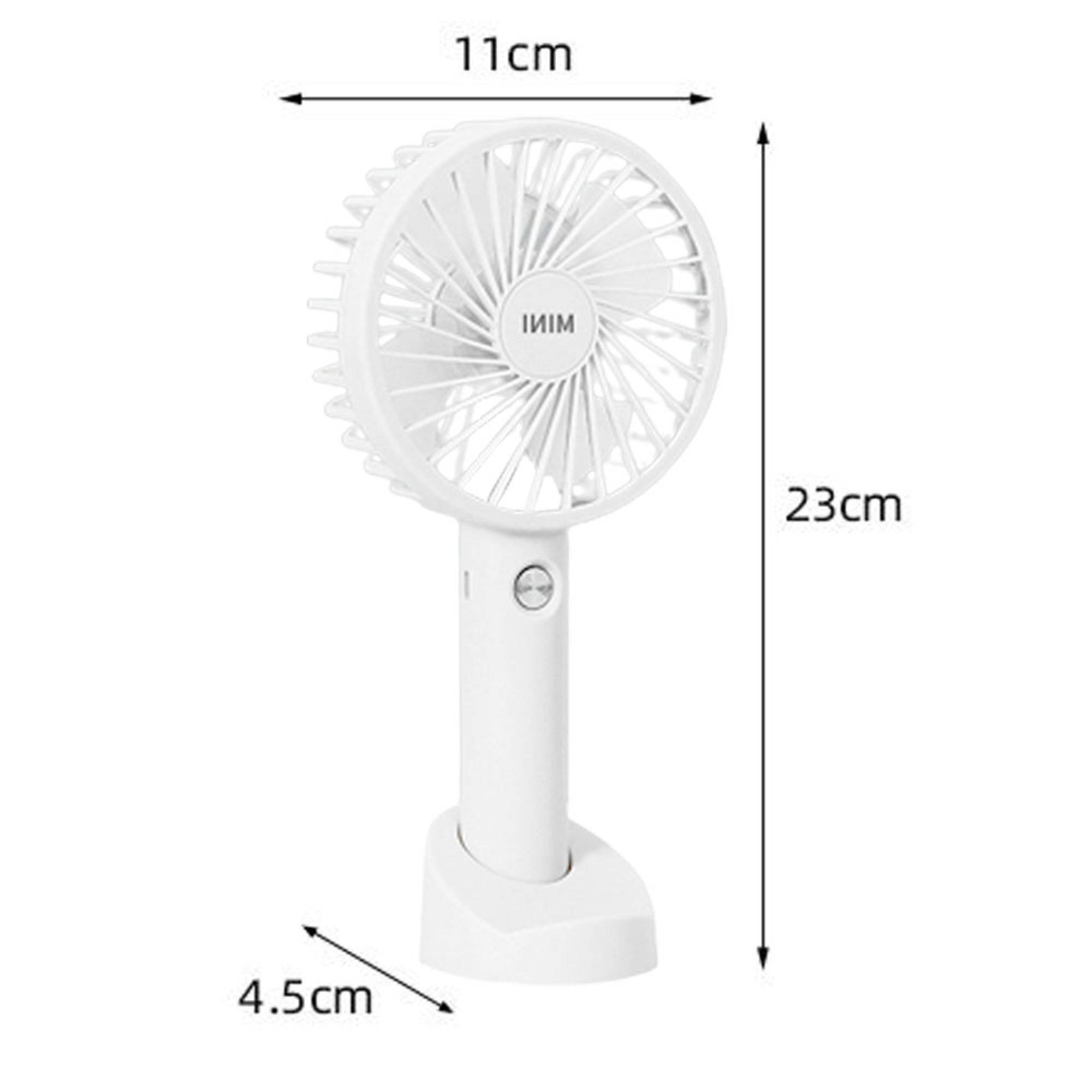 Weißer tragbarer Mini-Ventilator mit Ständer, 11x23x4,5cm.