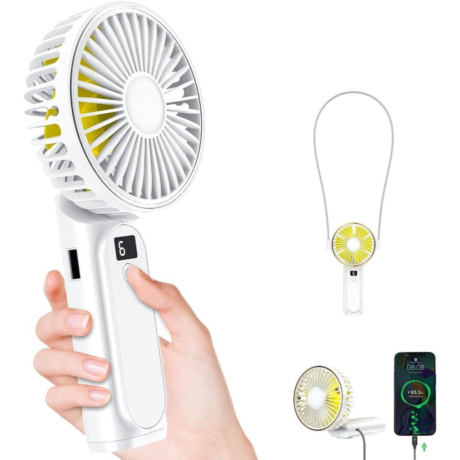 Eine Hand hält einen weißen, tragbaren Ventilator mit gelben Rotorblättern und einem digitalen Display.