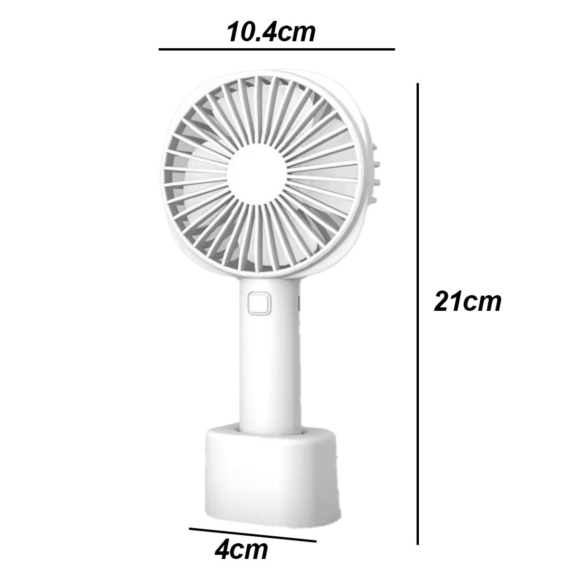 Ein weißer tragbarer Ventilator mit Griff und Sockel. Maße: 10,4 x 21 x 4 cm.
