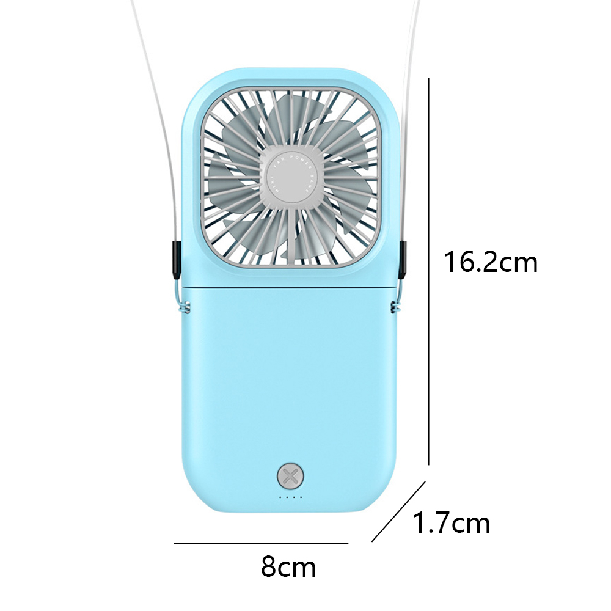 Ein hellblauer Nackenventilator mit grauen Rotorblättern und Maßen.