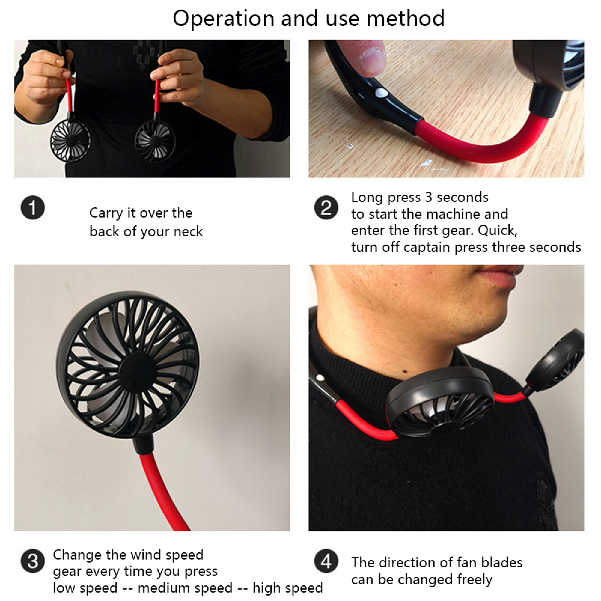 Ein Nackenventilator mit roten Schläuchen wird gezeigt, um ihn über den Nacken zu tragen.