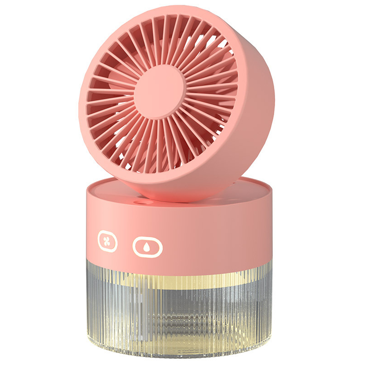 Ein kleiner, rosa Ventilator mit einem durchsichtigen Behälter und Bediensymbolen.