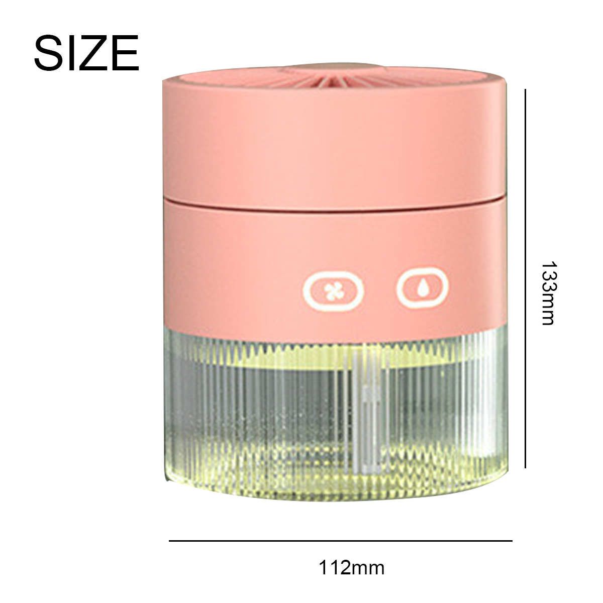 Ein rosafarbener Luftbefeuchter mit transparentem Tank, 133 mm hoch und 112 mm breit.