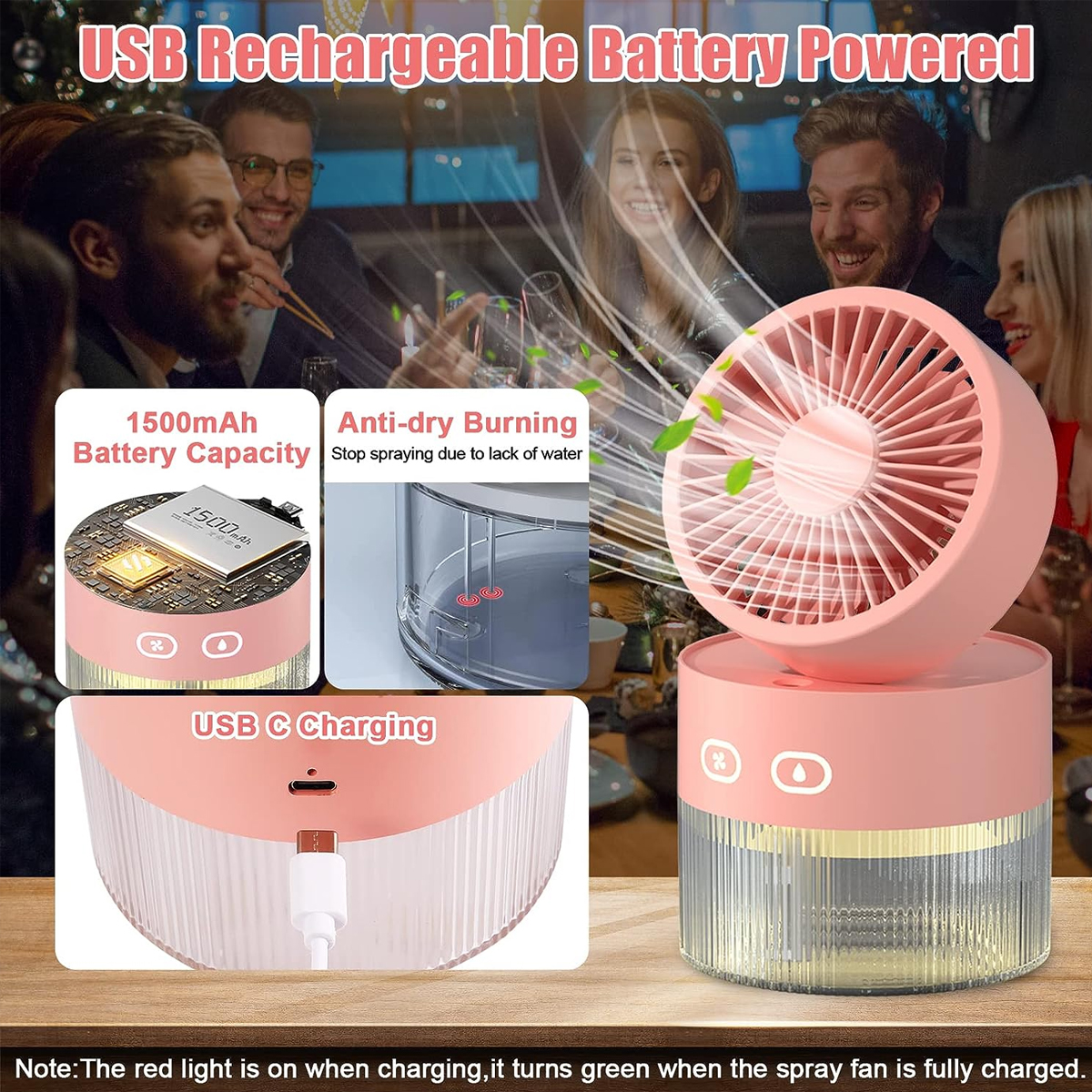 Ein rosafarbener Sprühventilator mit USB-C-Ladung, 1500mAh Akku, Anti-Trocken-Brennen-Funktion.